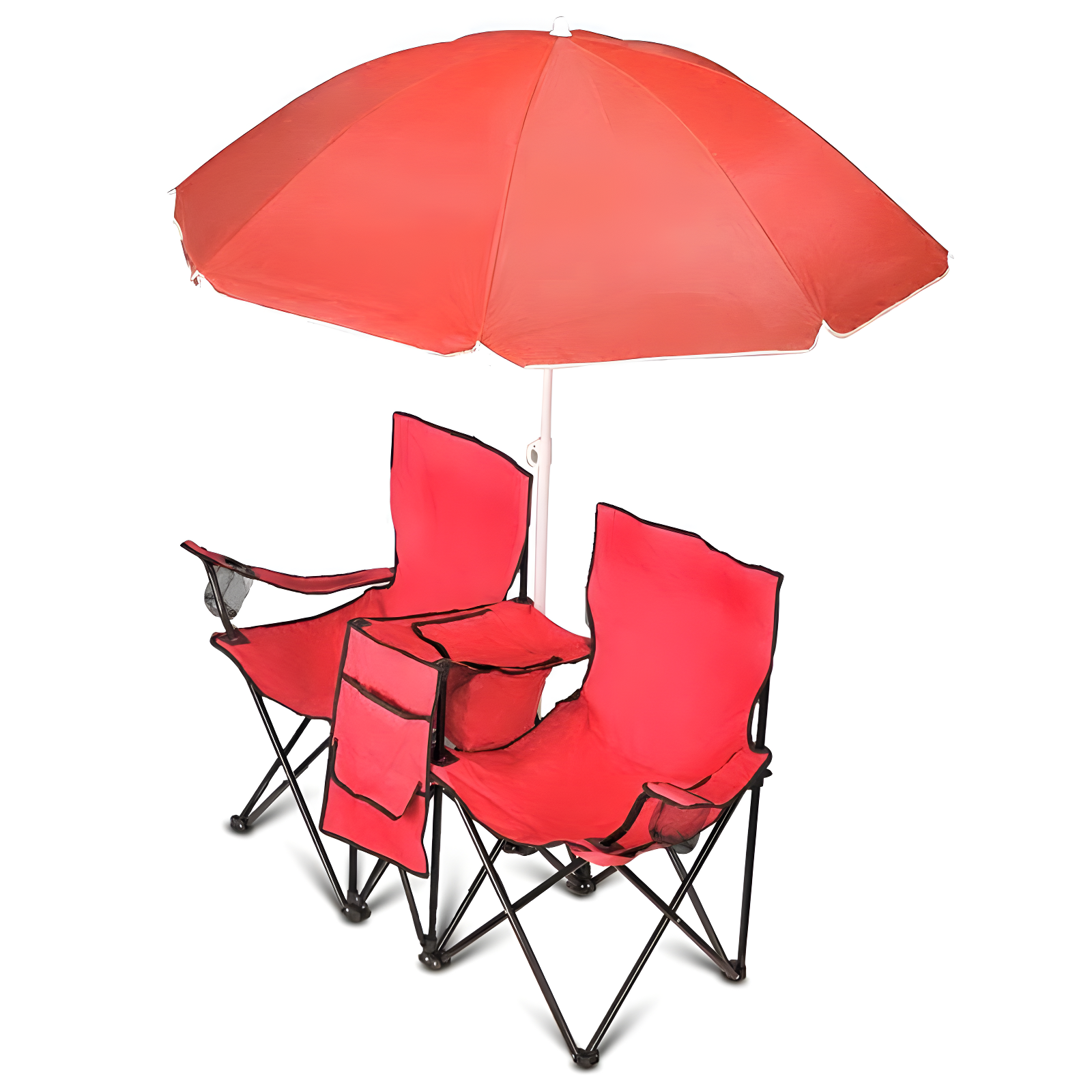 GoTeam Portable Double Folding Chair w/Removable Umbrella, Cooler Bag and Carry Case - Red