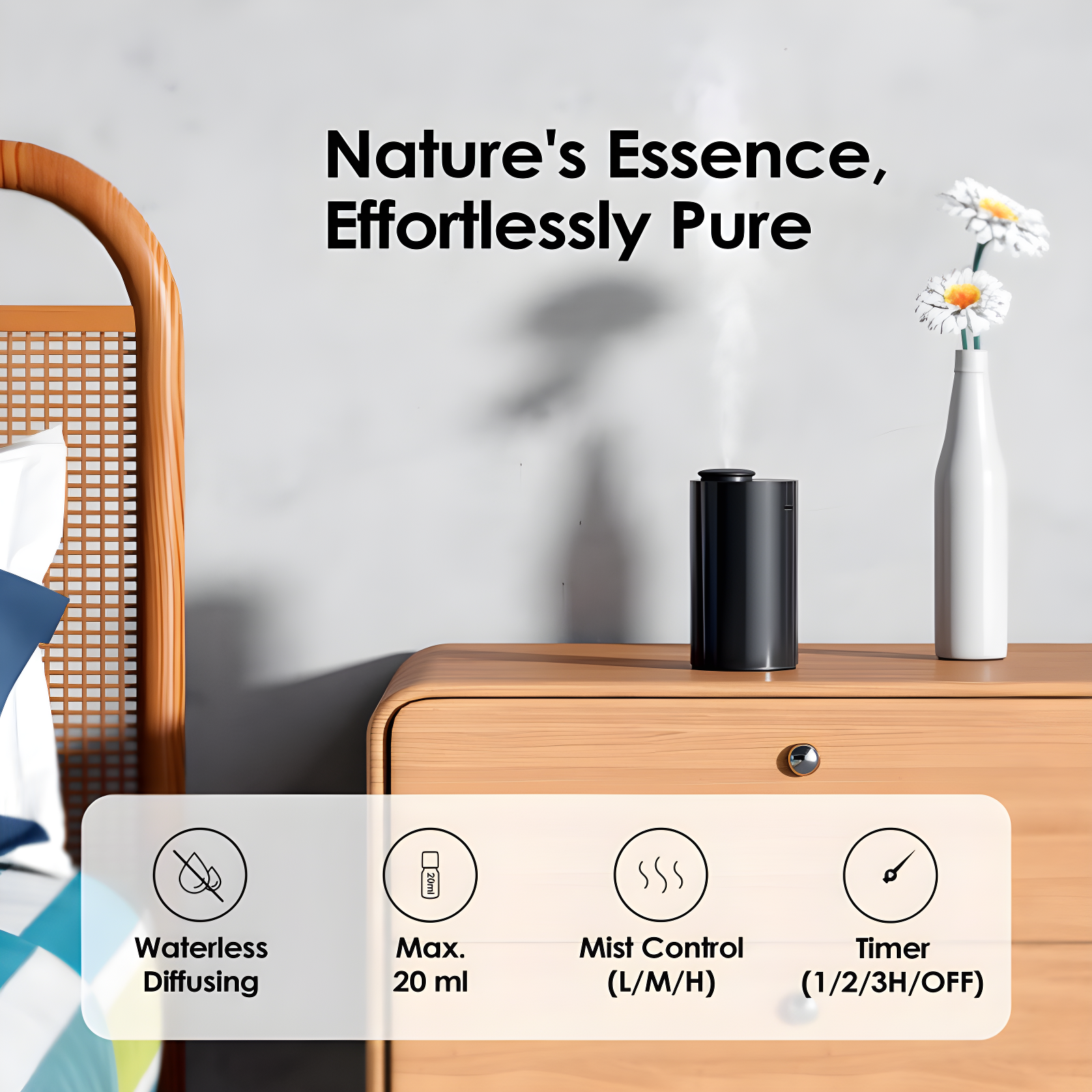 QUALITY FLOORING INC. Waterless Diffuser For Essential Oil Nebulizer, Battery Operated Mini Scent Air Machine, Aromatherapy Nebulizer Diffuser, 1/2/3 Hours/Continuous Mode, 3 Levels Of Nebulization, Suitable For Home, Room, Car, Office AN6 Black