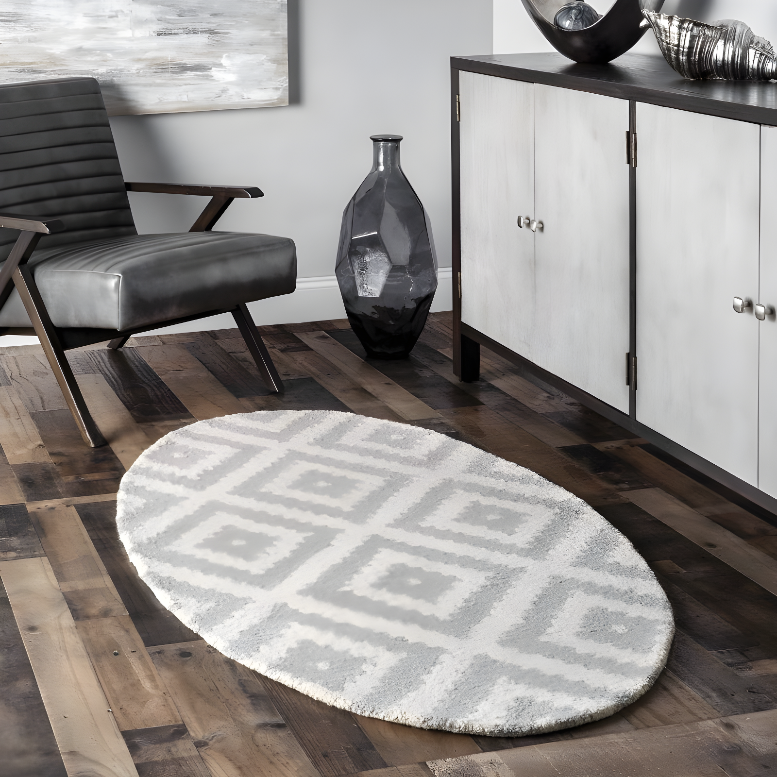 Nuloom Kellee Hand Tufted Geometric Wool Indoor Area Rug, Oval 9' x 12', Light Gray