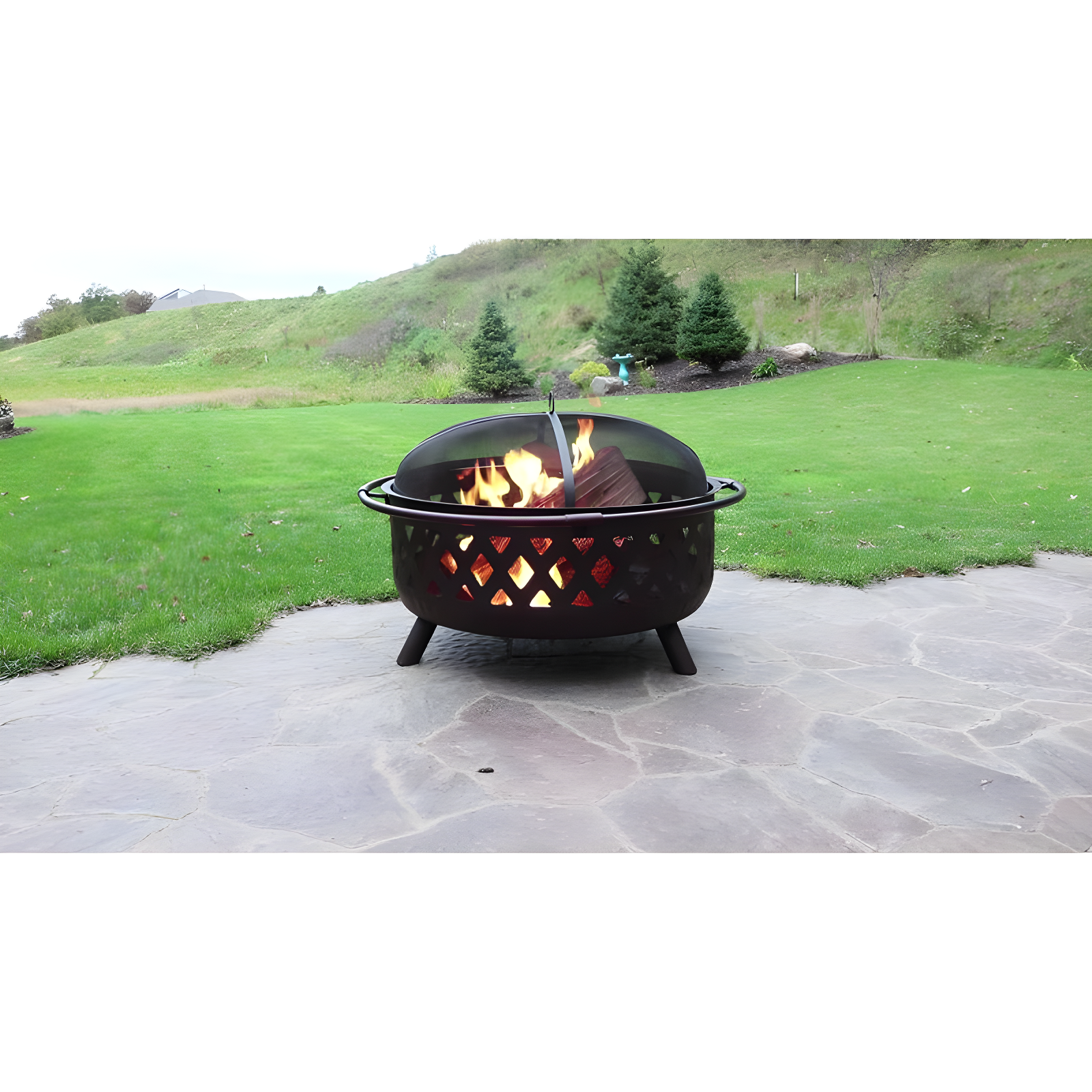 Sunnydaze Outdoor Camping or Backyard Round Crossweave Cut Out Fire Pit with Spark Screen, Log Poker, and Cover - 36"