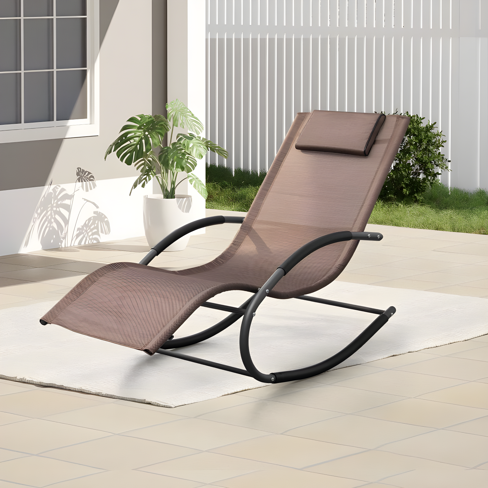 Outdoor Curved Rocker Chaise Lounge Chair with Pillow - Brown - Crestlive Products: UV & Fade-Resistant, Steel Frame Patio Furniture