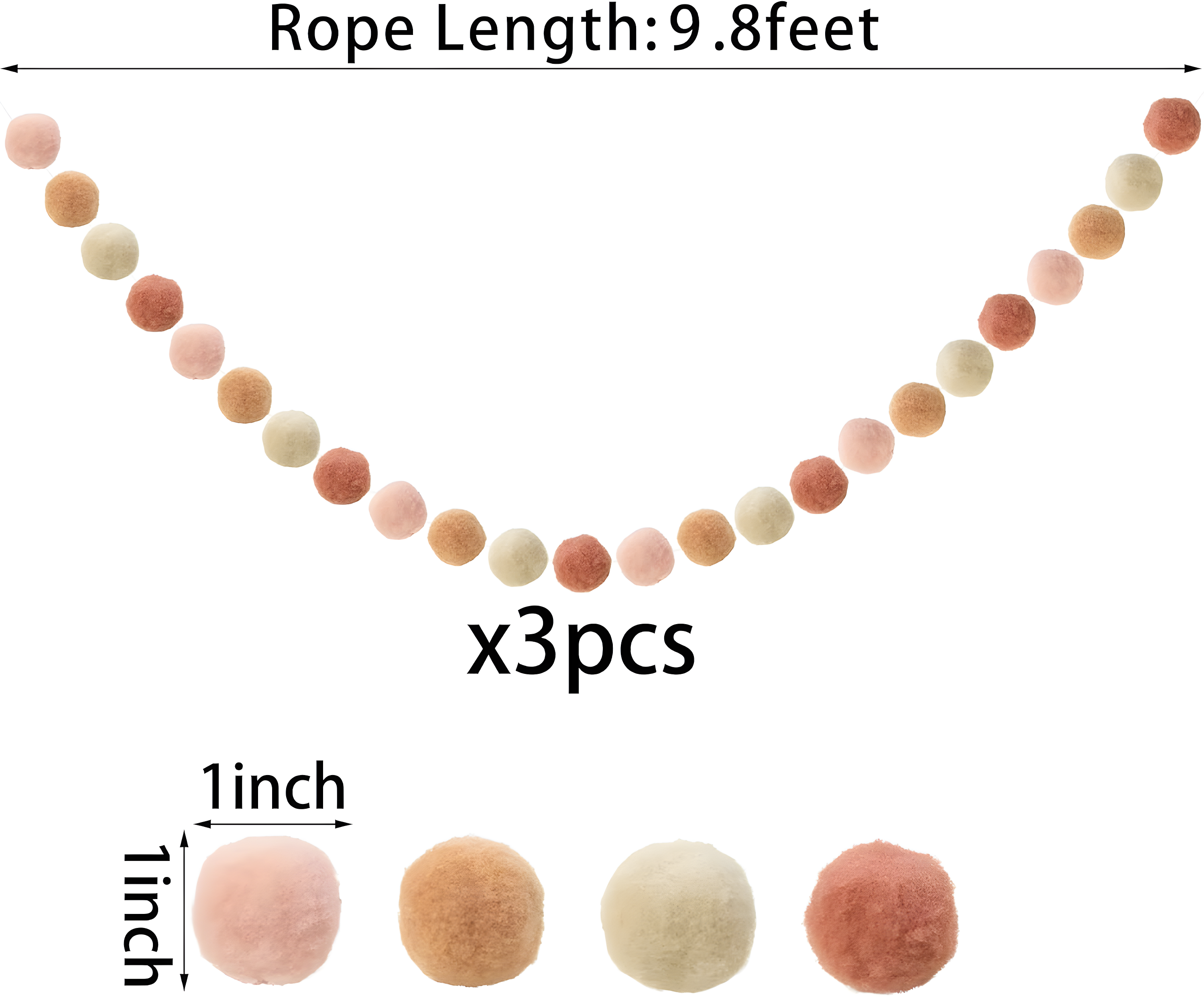 3 PCS Felt Ball Garland - 9.8 Feet 36 Balls 4 Pastel Colors Pom Pom Decorations - Nursery Decor Bunting Birthday Party Carnival Photo Prop