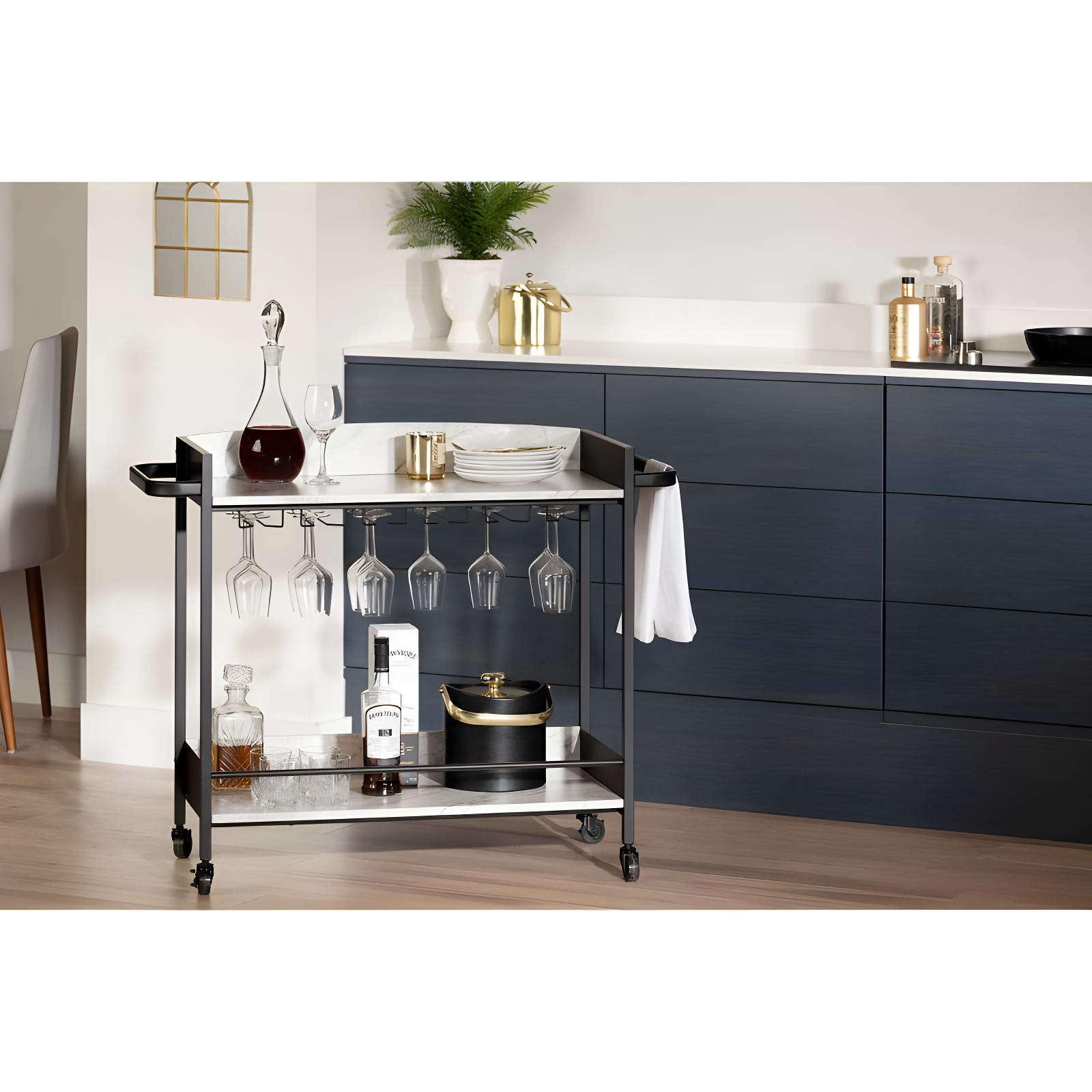 City Life Bar Cart with Wine Glass Rack Black/Faux Carrara Marble - South Shore