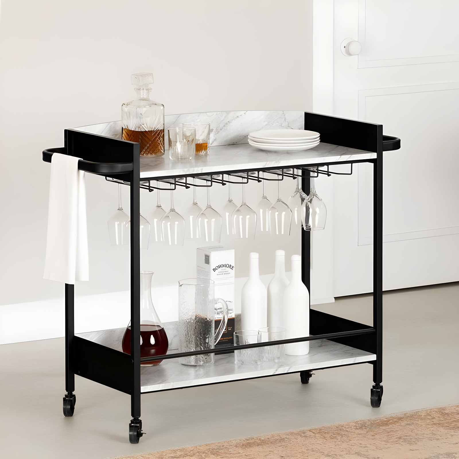 City Life Bar Cart with Wine Glass Rack Black/Faux Carrara Marble - South Shore