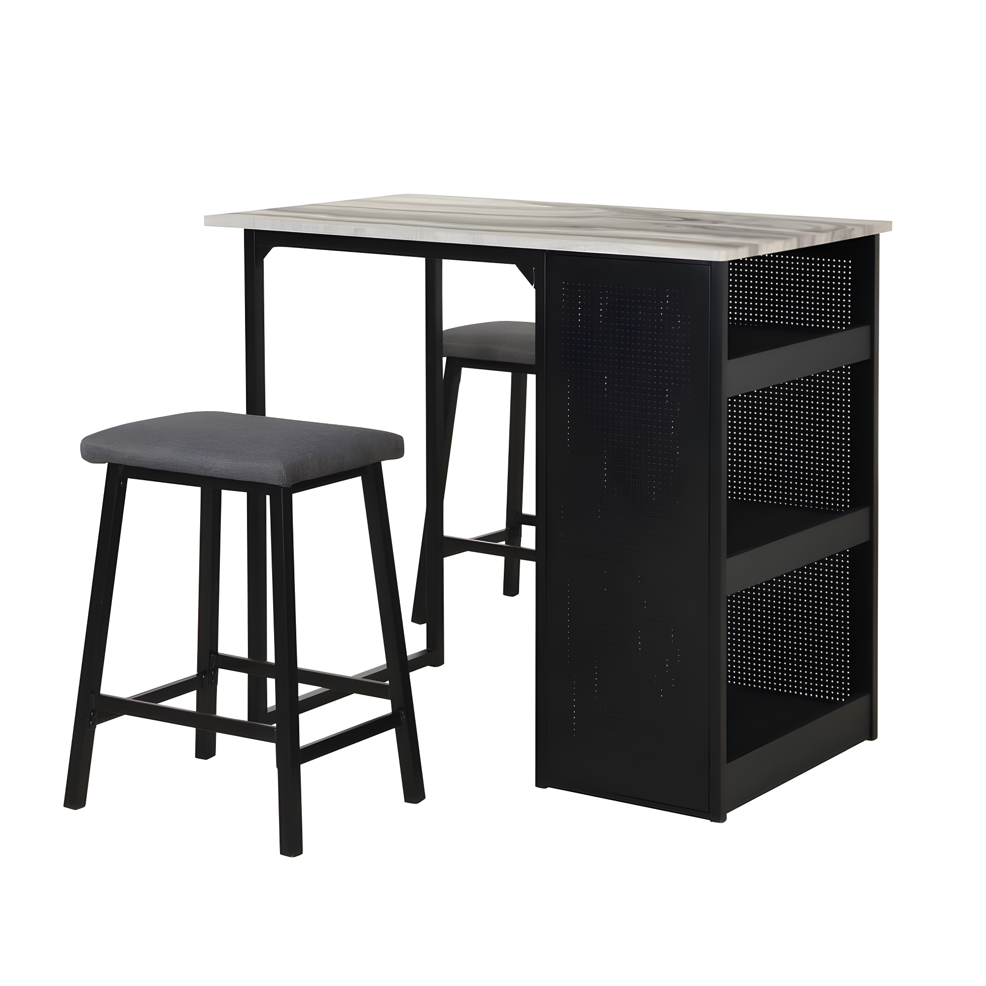 3 Piece Counter Height Faux Marble Dinette Set with Black Iron Metal Frame