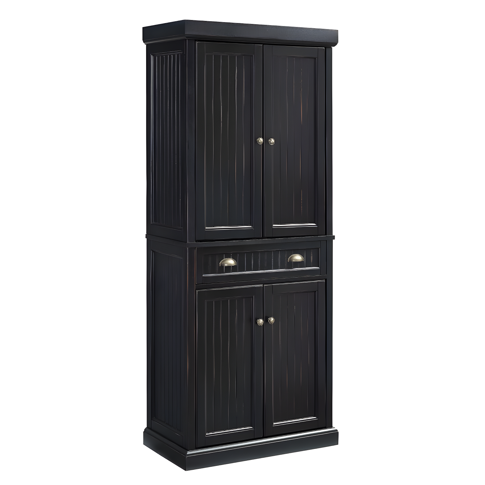Crosley Seaside Kitchen Pantry Distressed Black: Traditional Style, 4-Door Hutch, 6 Shelves, Wood Veneer