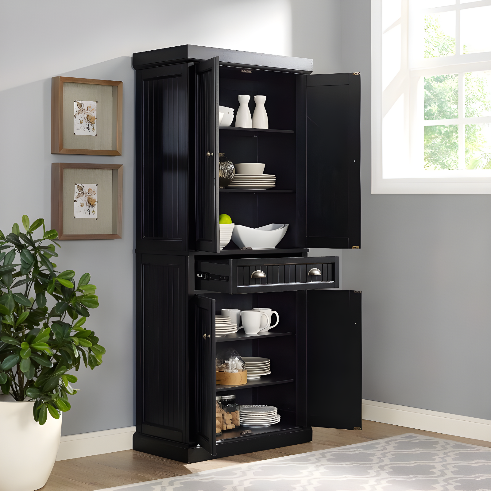 Crosley Seaside Kitchen Pantry Distressed Black: Traditional Style, 4-Door Hutch, 6 Shelves, Wood Veneer