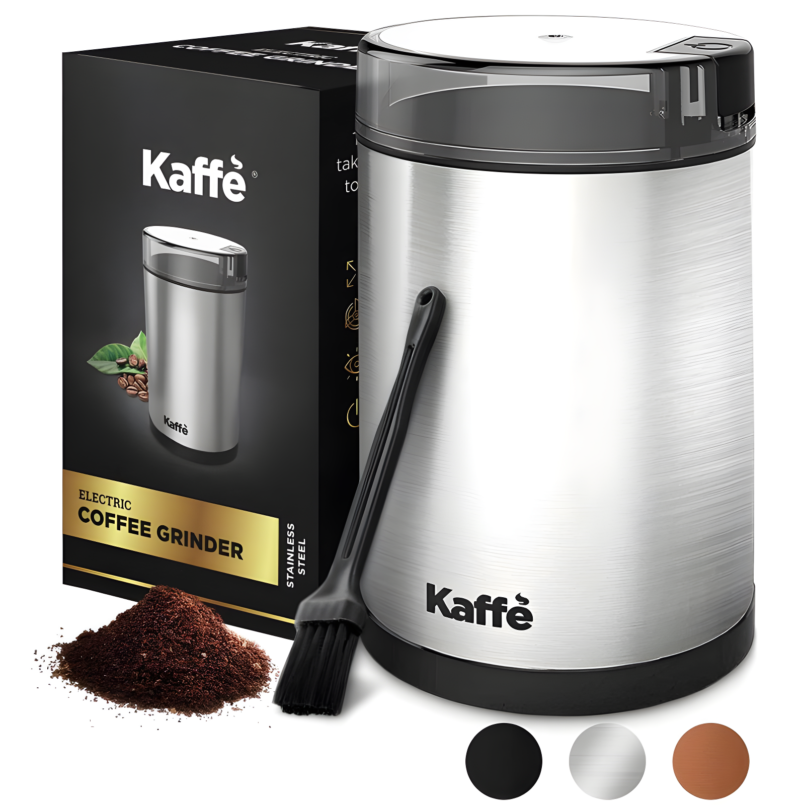 Kaffe Electric Coffee Grinder with Cleaning Brush - Silver - KF2020: Stainless Steel, Medium Grind, 3-Cup Capacity