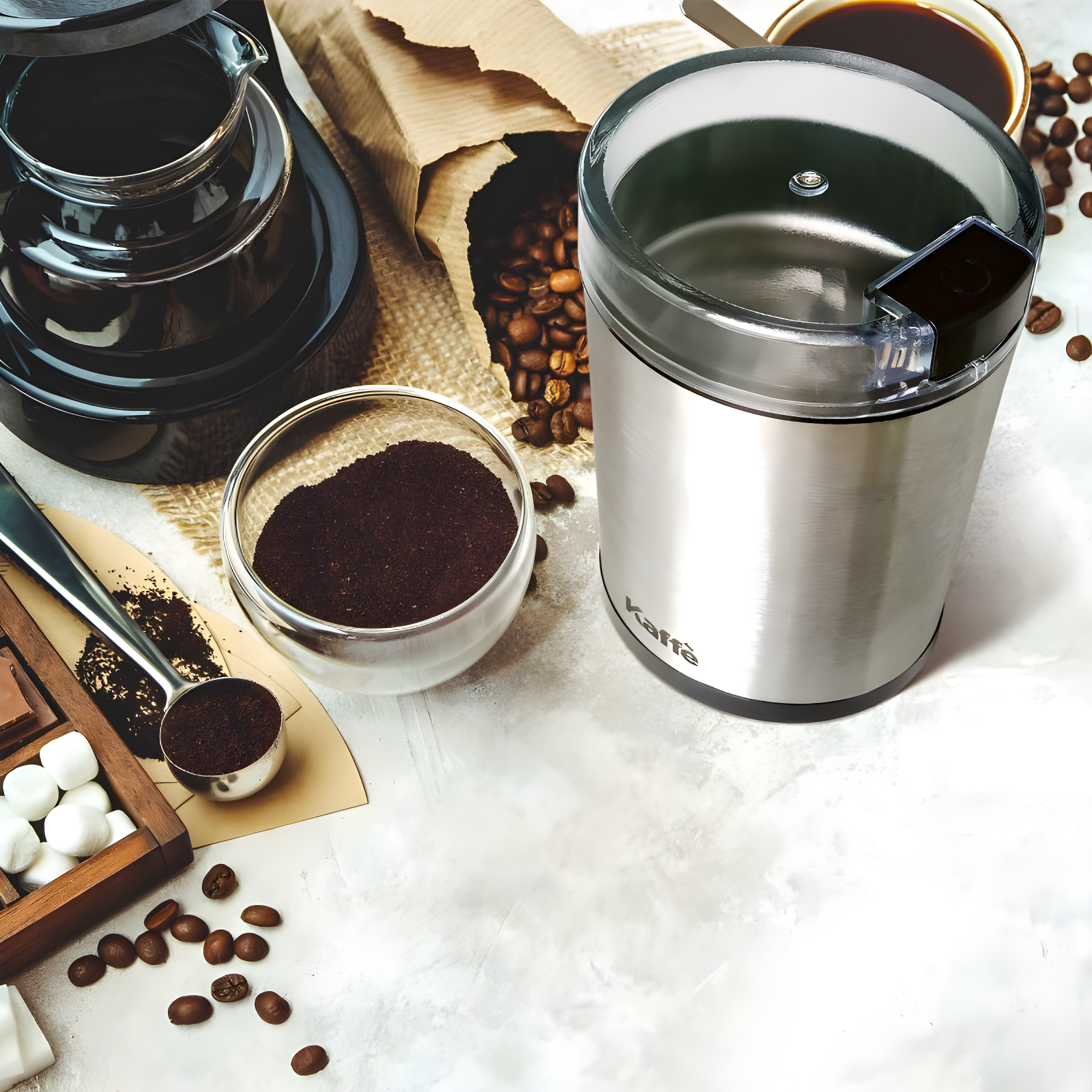 Kaffe Electric Coffee Grinder with Cleaning Brush - Silver - KF2020: Stainless Steel, Medium Grind, 3-Cup Capacity