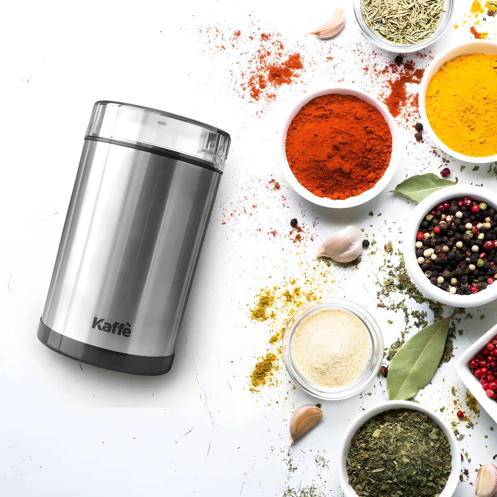 Kaffe Electric Coffee Grinder with Cleaning Brush - Silver - KF2020: Stainless Steel, Medium Grind, 3-Cup Capacity