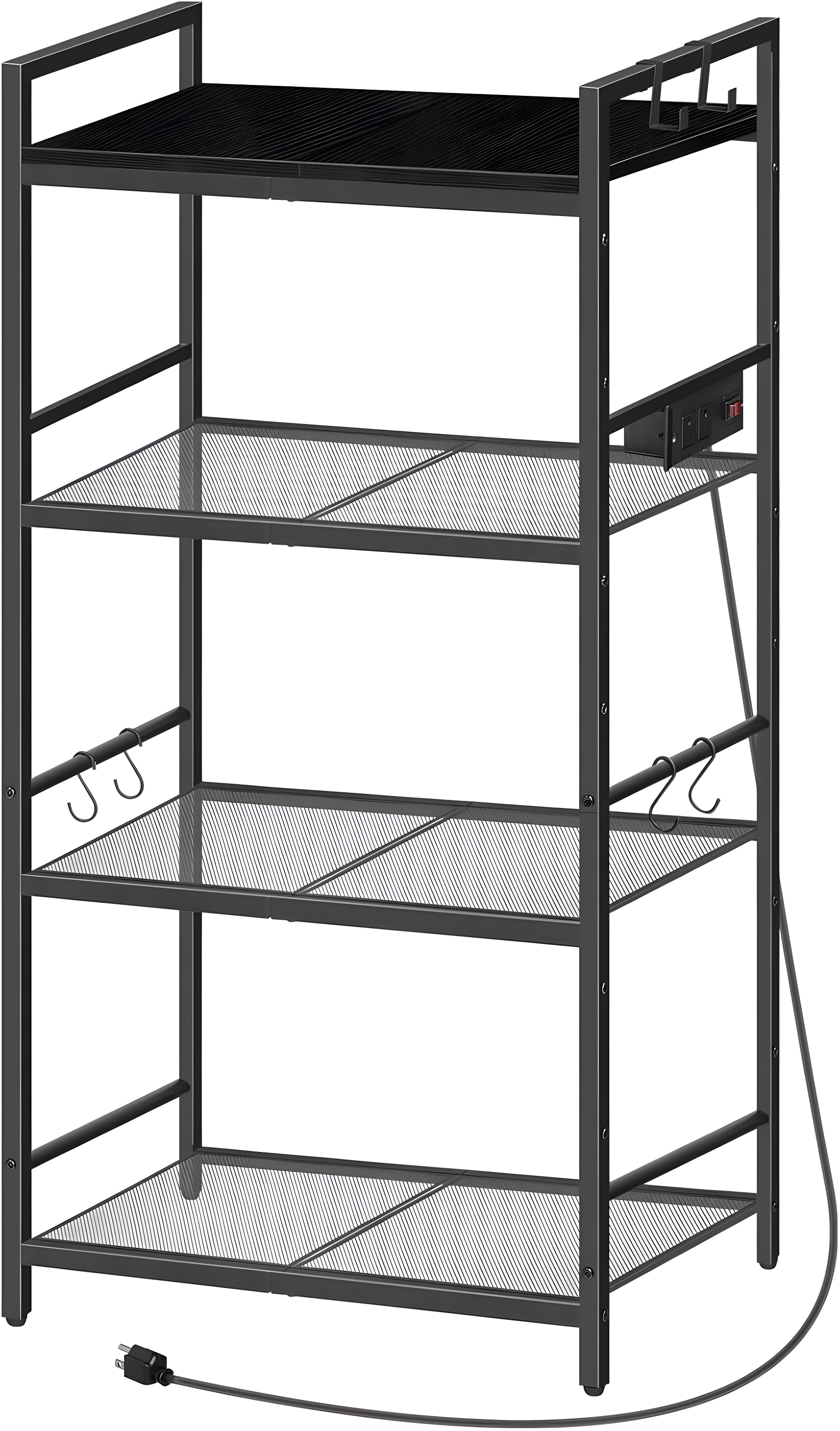 Bakers Rack with Power Outlet, Microwave Stand with Hooks, Multifunctional Storage Rack, Coffee Bar with Enclosure, Kitchen Storage Shelf, for Kitchen, Dining Room, Black BRHB40E01