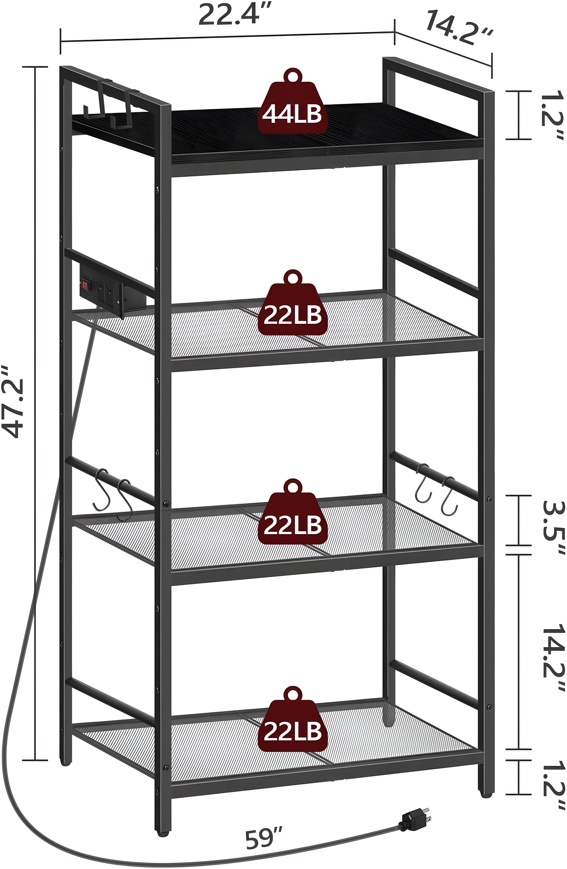 Bakers Rack with Power Outlet, Microwave Stand with Hooks, Multifunctional Storage Rack, Coffee Bar with Enclosure, Kitchen Storage Shelf, for Kitchen, Dining Room, Black BRHB40E01