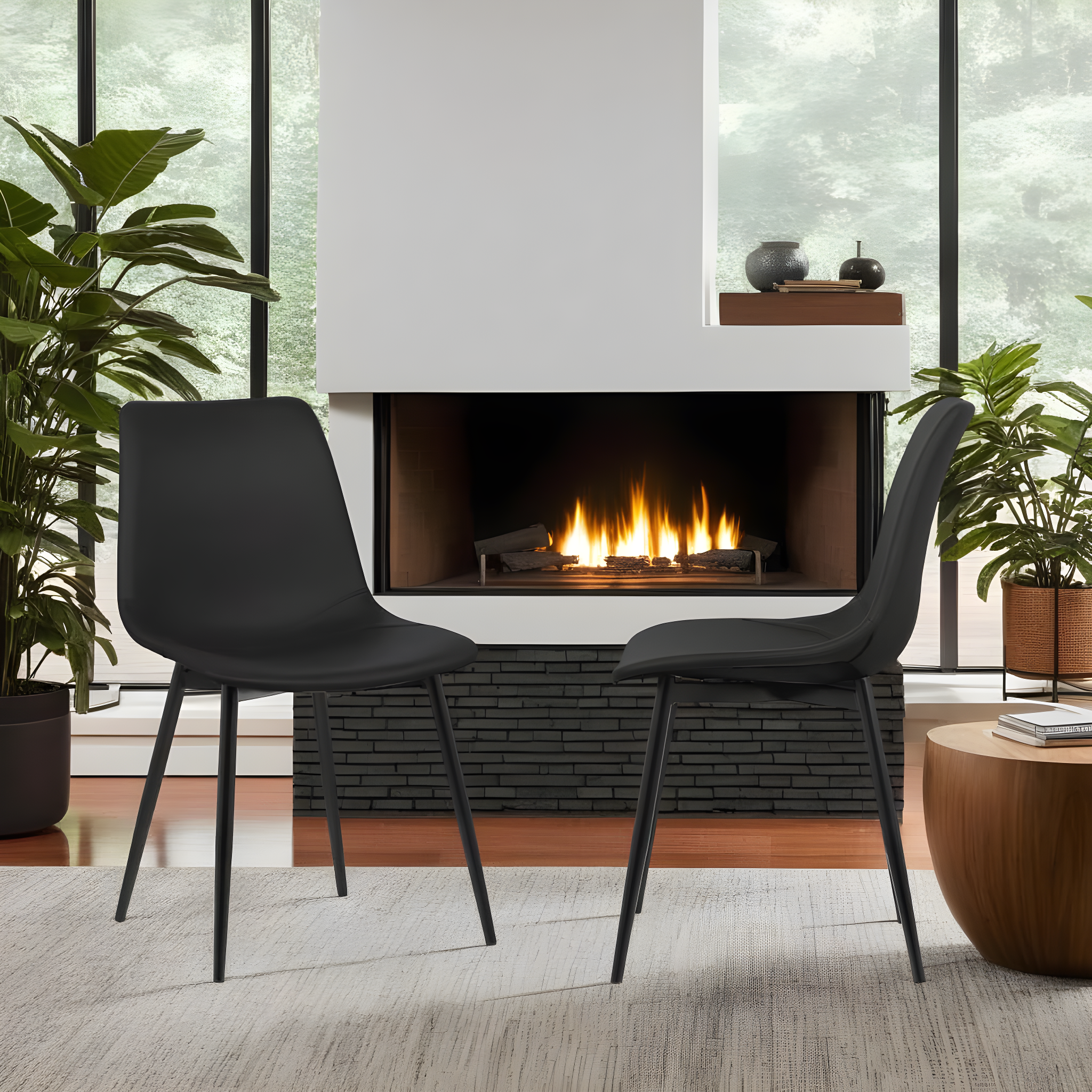 Armen Living Monte Mid Century Modern Dining Accent Chair for Table Kitchen Desk Vanity in Black Faux Leather with Black Metal Legs