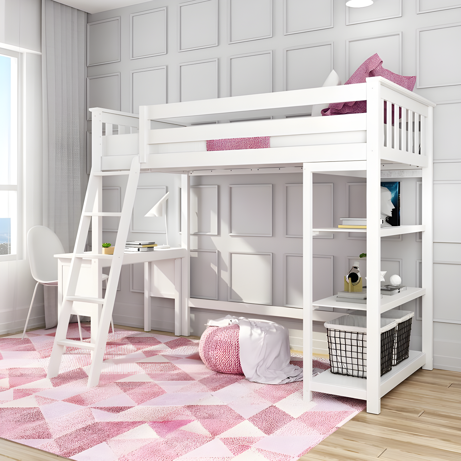 Forbes Twin Pine Loft Bed with Shelves