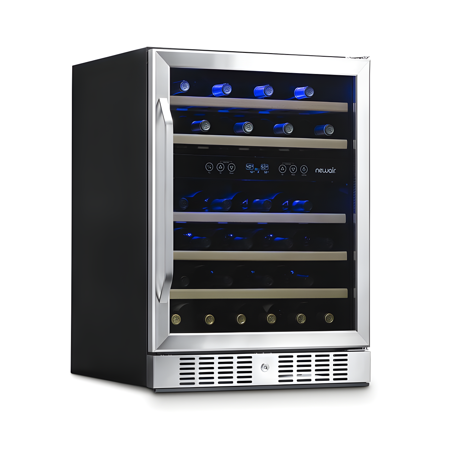 Newair 24” Built-in 46 Bottle Dual Zone Wine Cooler with Removable Beechwood Shelves in Black Stainless Steel
