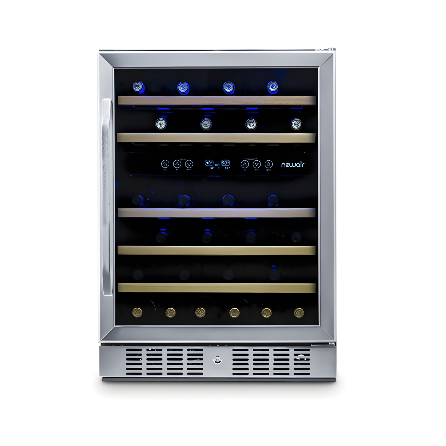 Newair 24” Built-in 46 Bottle Dual Zone Wine Cooler with Removable Beechwood Shelves in Black Stainless Steel