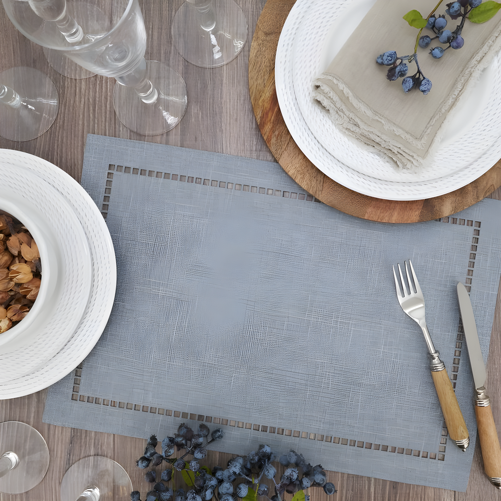 Saro Lifestyle Placemats With Laser-Cut Hemstitch Design, Gray, (Set of 4 pcs)