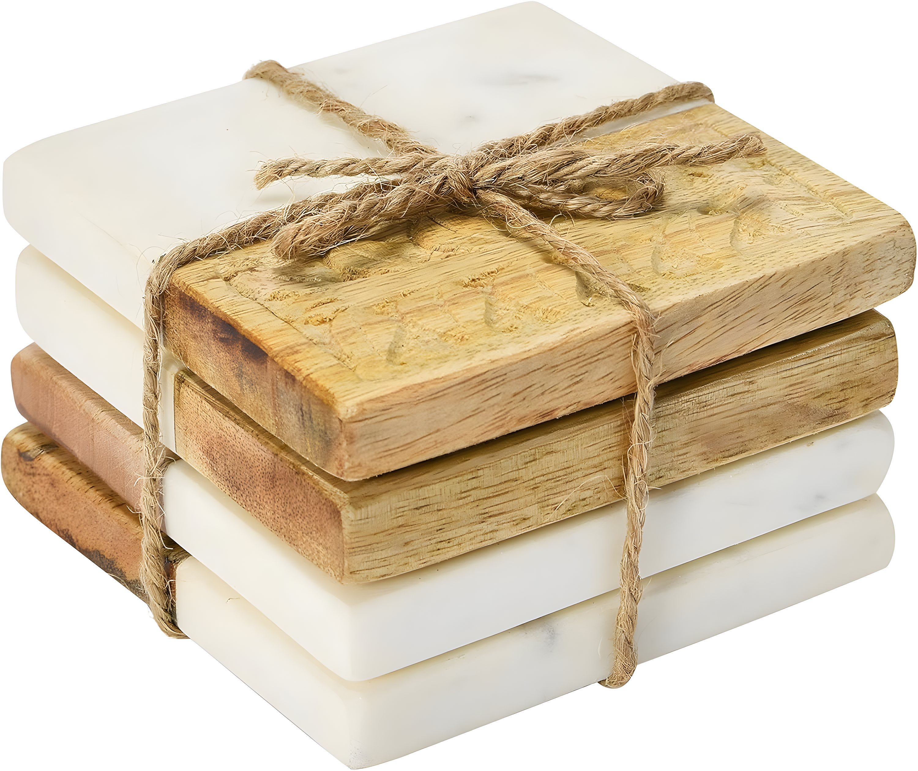 Creative Co-Op Hand-Carved Engraved Mango Wood Square Trivets for Dining Table Coaster, Set of 4, White & Natural