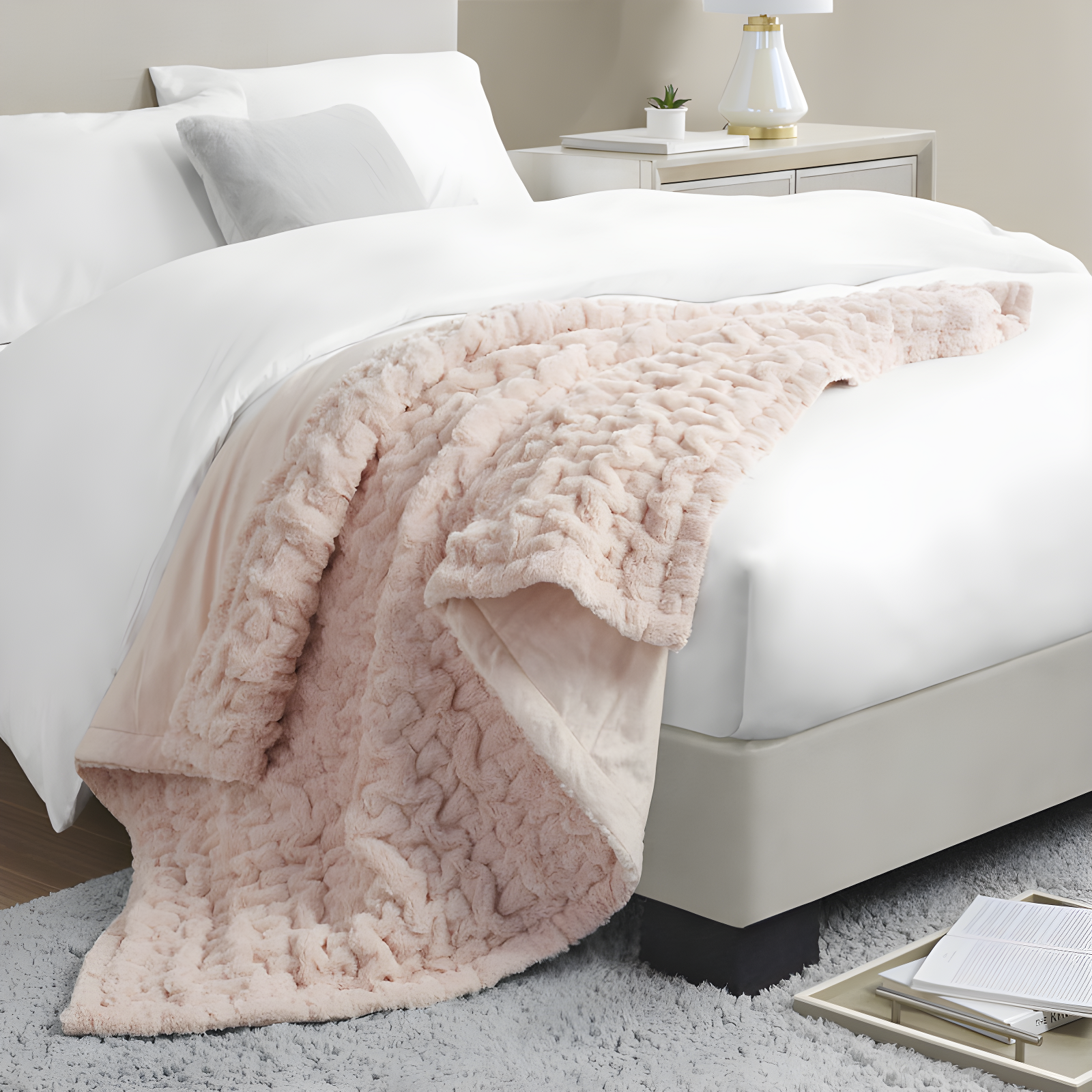 Madison Park Blush Ruched Fur Throw 50x60"