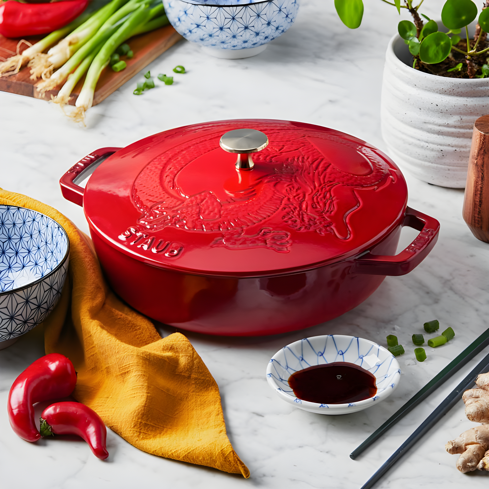 Staub ® 2.5-Qt. Cherry Cast Iron Saute Pan with Dragon Lid