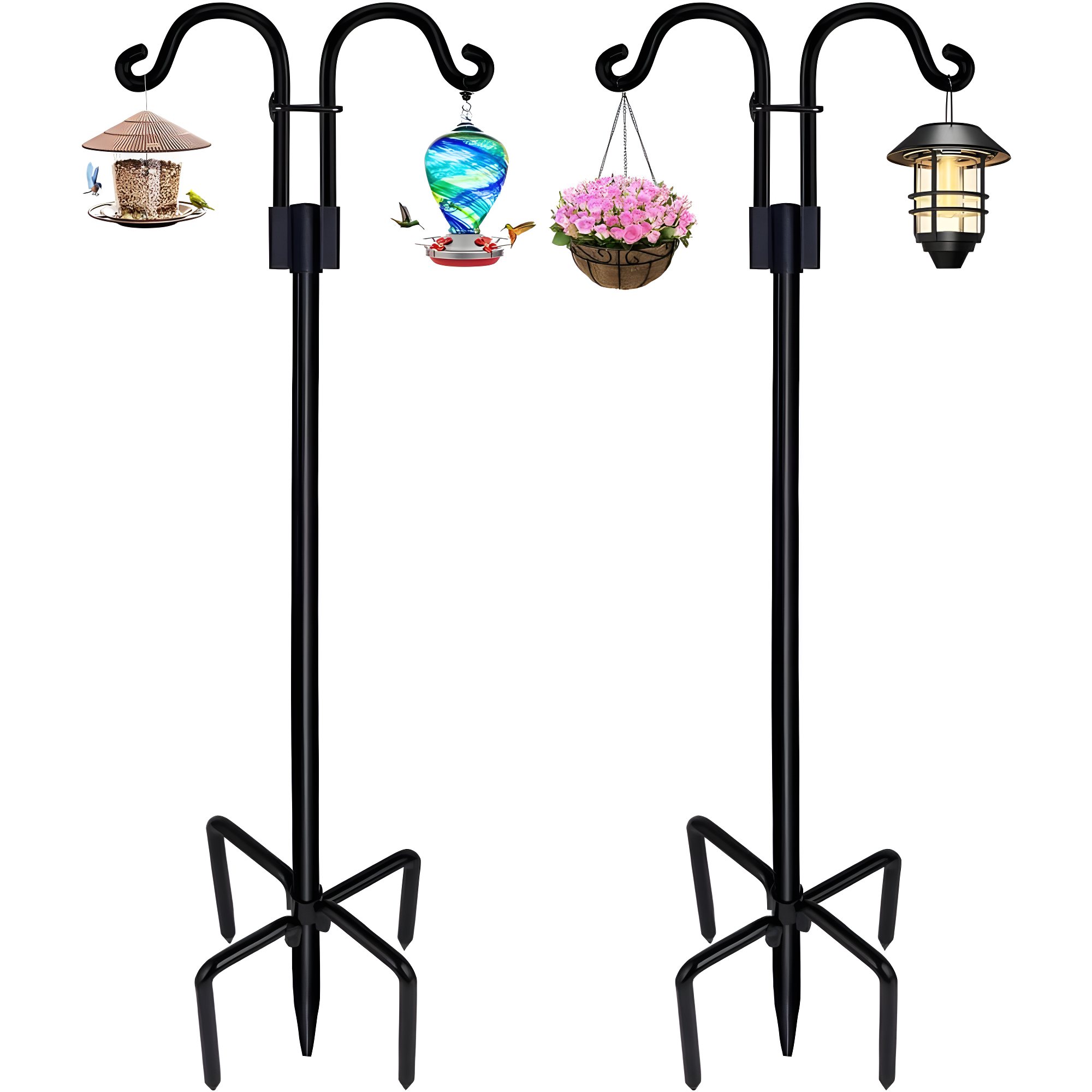 AOWOO Double Shepherds Hooks for Outdoor, 76 Inch Bird Feeder Pole with 5 Prongs Base, Adjustable Shepherd Hook 2-Pack Heavy Duty Two Sided Garden Pole for Hanging Bird Feeders, Plant Baskets, Black