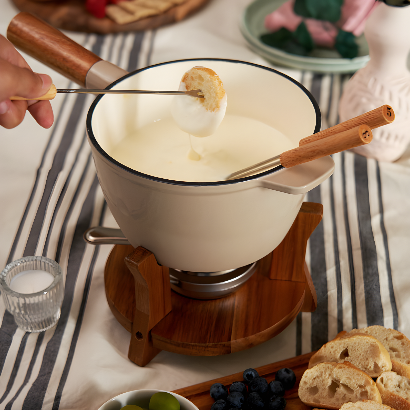 Wood and Cast Iron Fondue Set in Beige