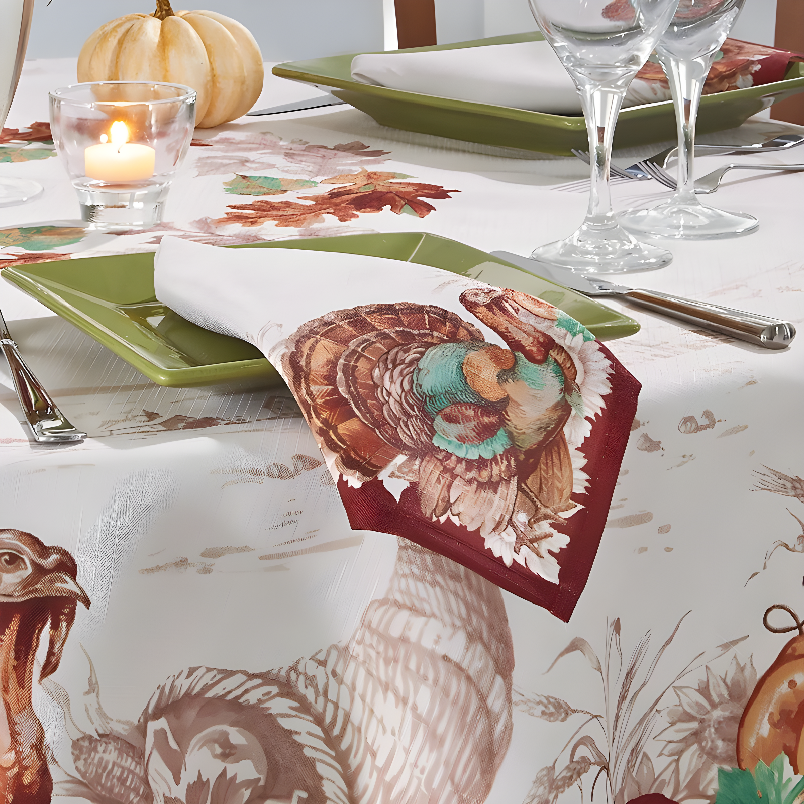 Holiday Turkey Bordered Fall Napkins, Set of 8 - 17" x 17" - White/Red - Elrene Home Fashions