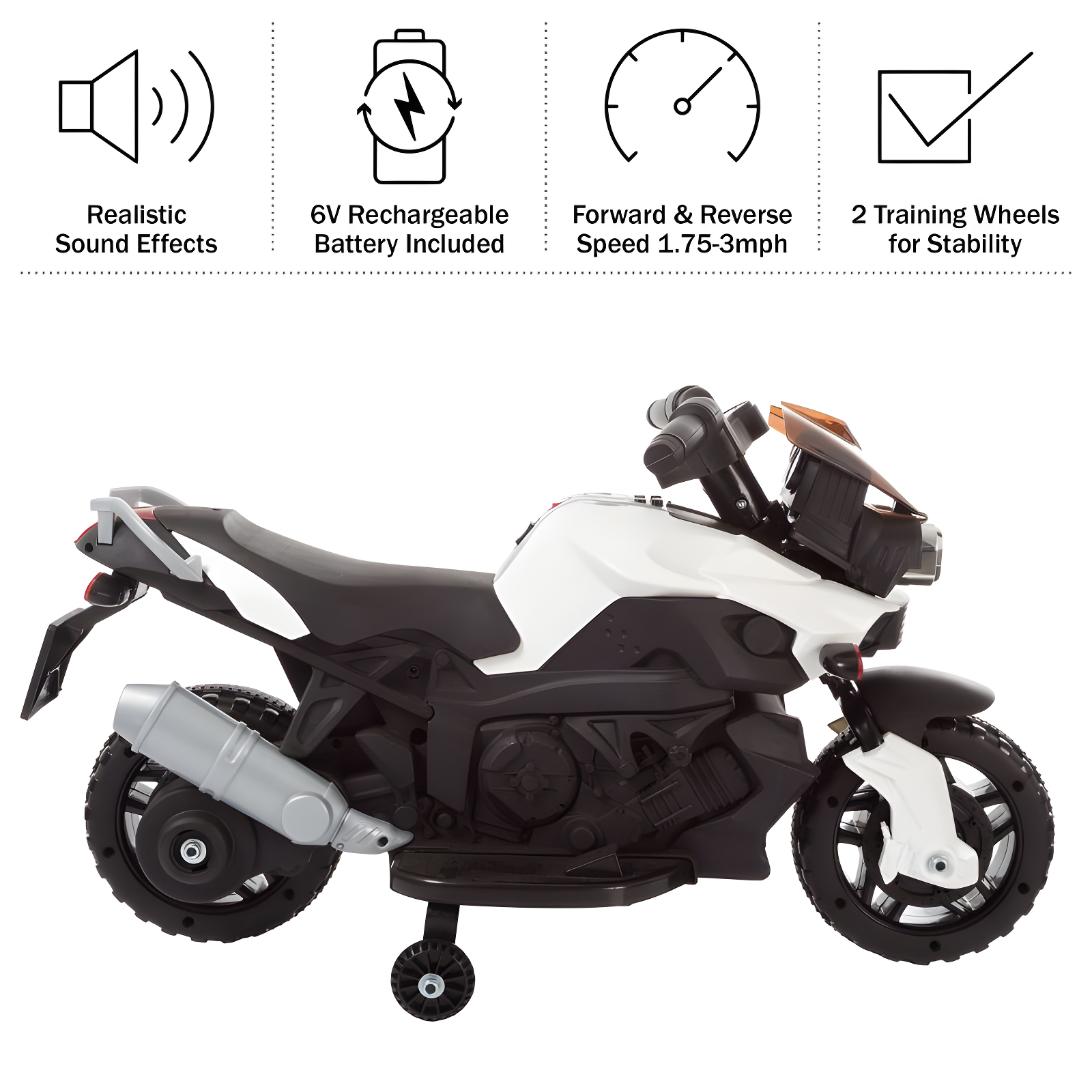 Toy Time Kids Motorcycle - Electric Ride-On with Training Wheels and Reverse Function - White and Black