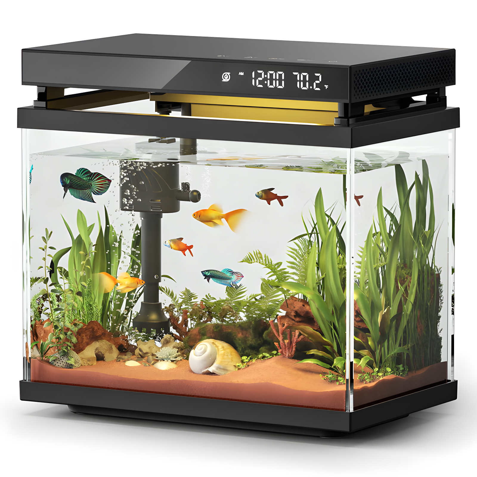 Latitude Run® Fish Tank Smart Aquarium Kit: 2 Gallon UHD Glass Silent Water Pump Self Cleaning Multi Layer Filtration System - Temperature Sensing 7-Color Lighting For Small Fish Betta Kids Room Desktop Decor