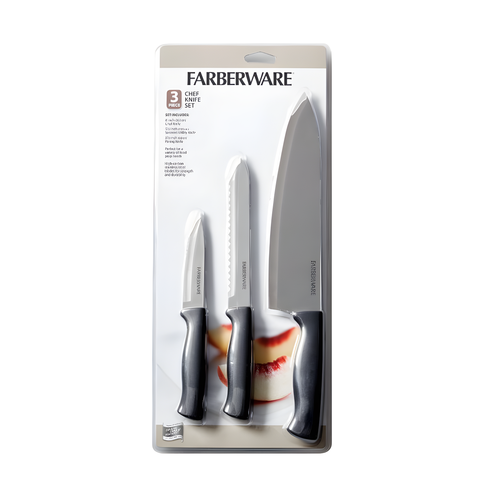 Farberware 3 Piece Chef Knife Set: Stainless Steel Kitchen Knives with Black Polypropylene Handles, Includes Paring & Utility