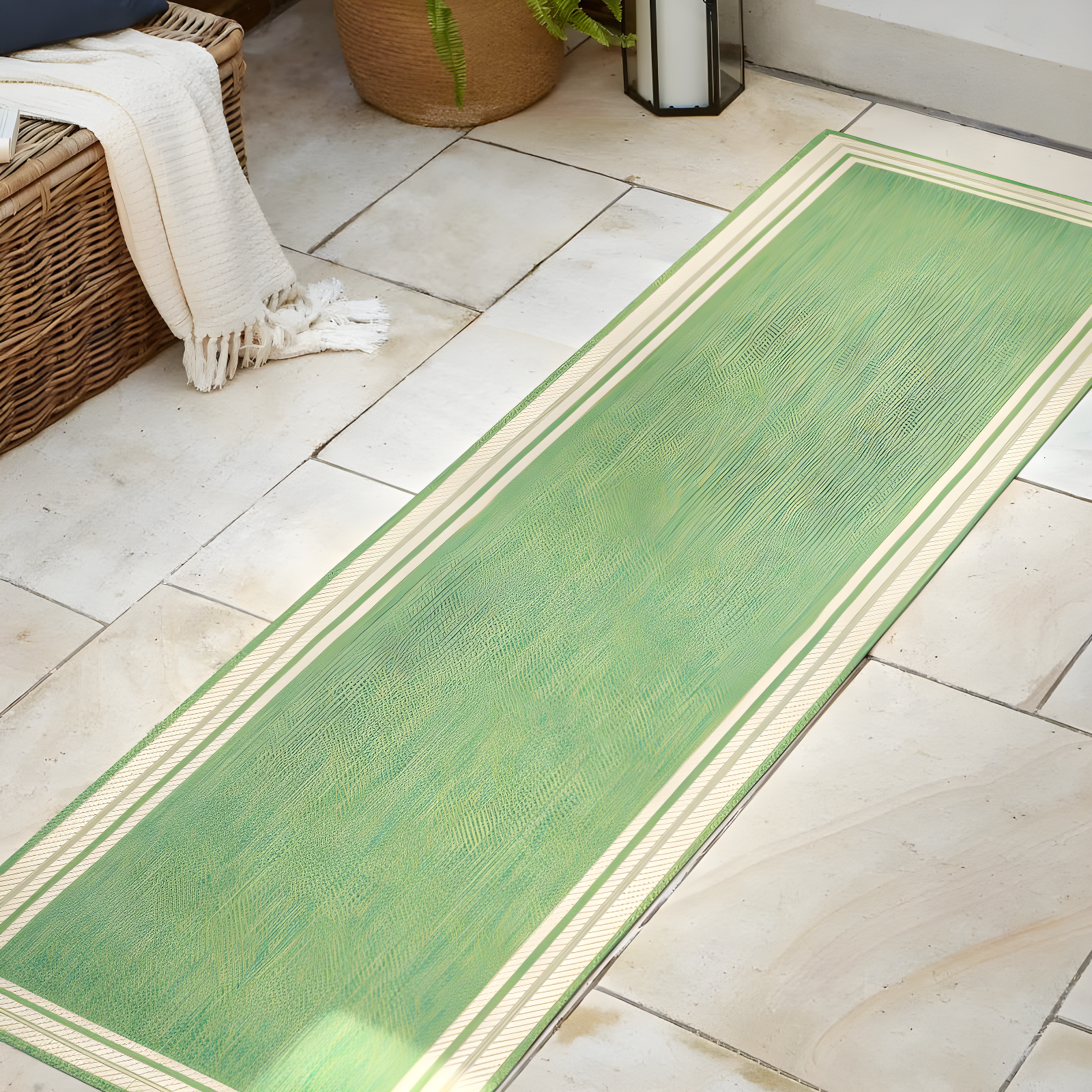 2' x 8' James Modern Border Stripe Indoor/Outdoor Runner Rug, Green/Cream - JONATHAN Y