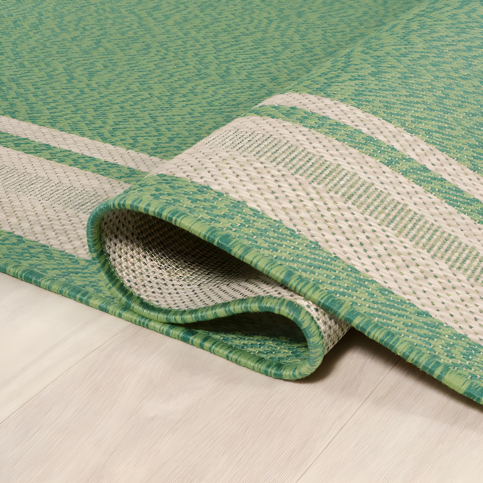 2' x 8' James Modern Border Stripe Indoor/Outdoor Runner Rug, Green/Cream - JONATHAN Y