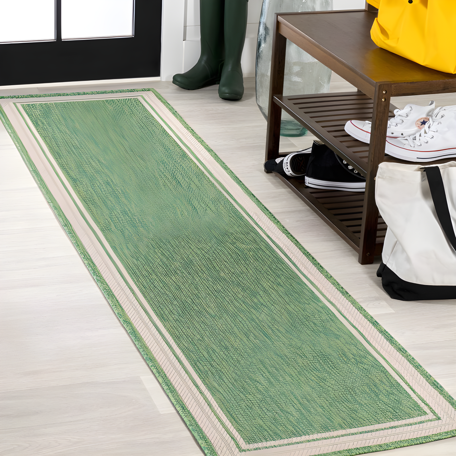 2' x 8' James Modern Border Stripe Indoor/Outdoor Runner Rug, Green/Cream - JONATHAN Y
