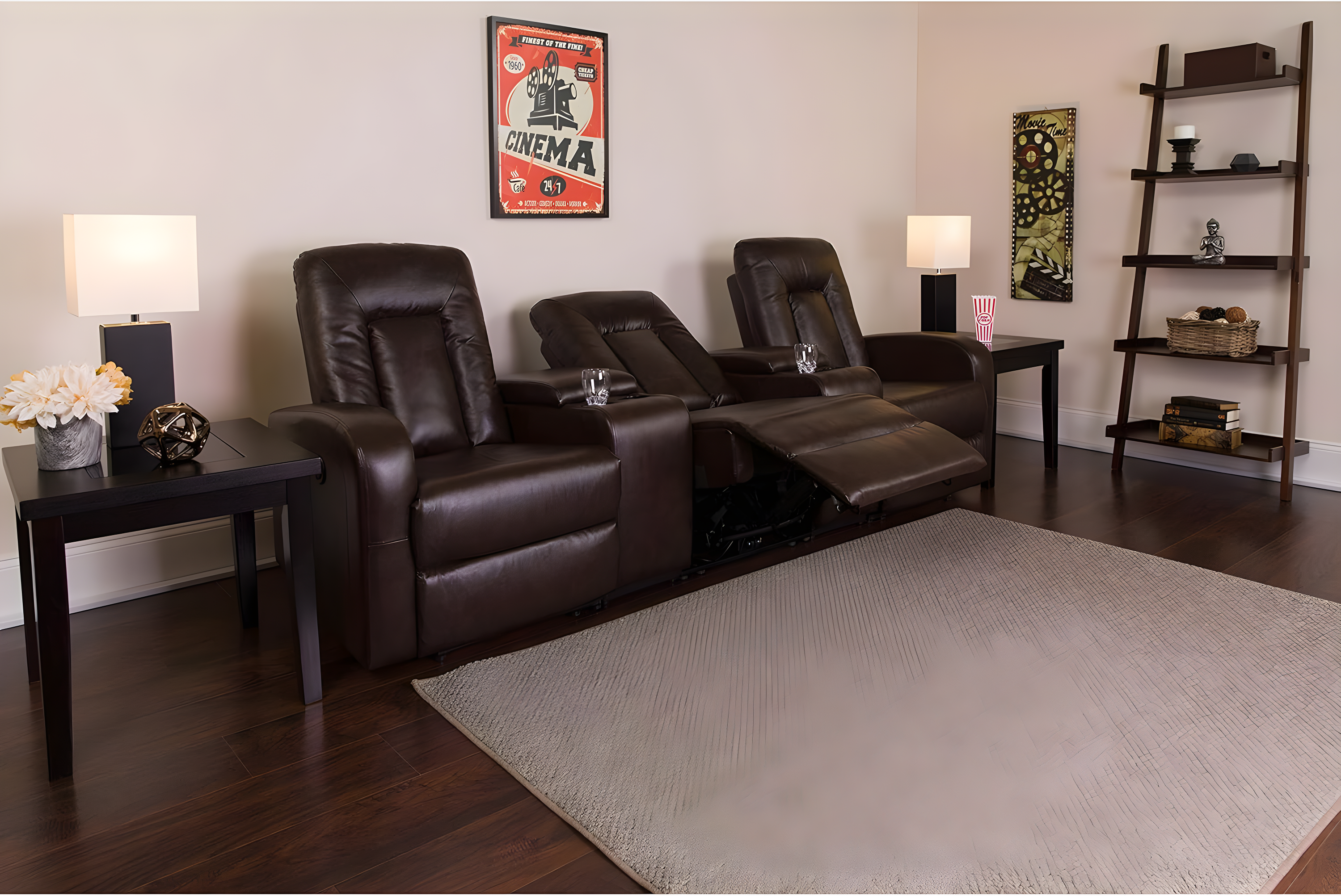 Brown Faux Leather Reclining Theater Seating with Cup Holders