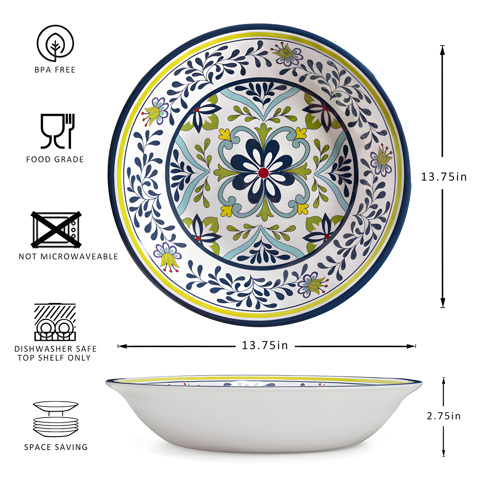 Melamine Large Serving Bowl, Melamine Mixing, Pasta Serving Bowls Set Of 2,100% Melamine Soup Bowl Salad Bowl Fruit Bowls,Lightweight And Unbreakab