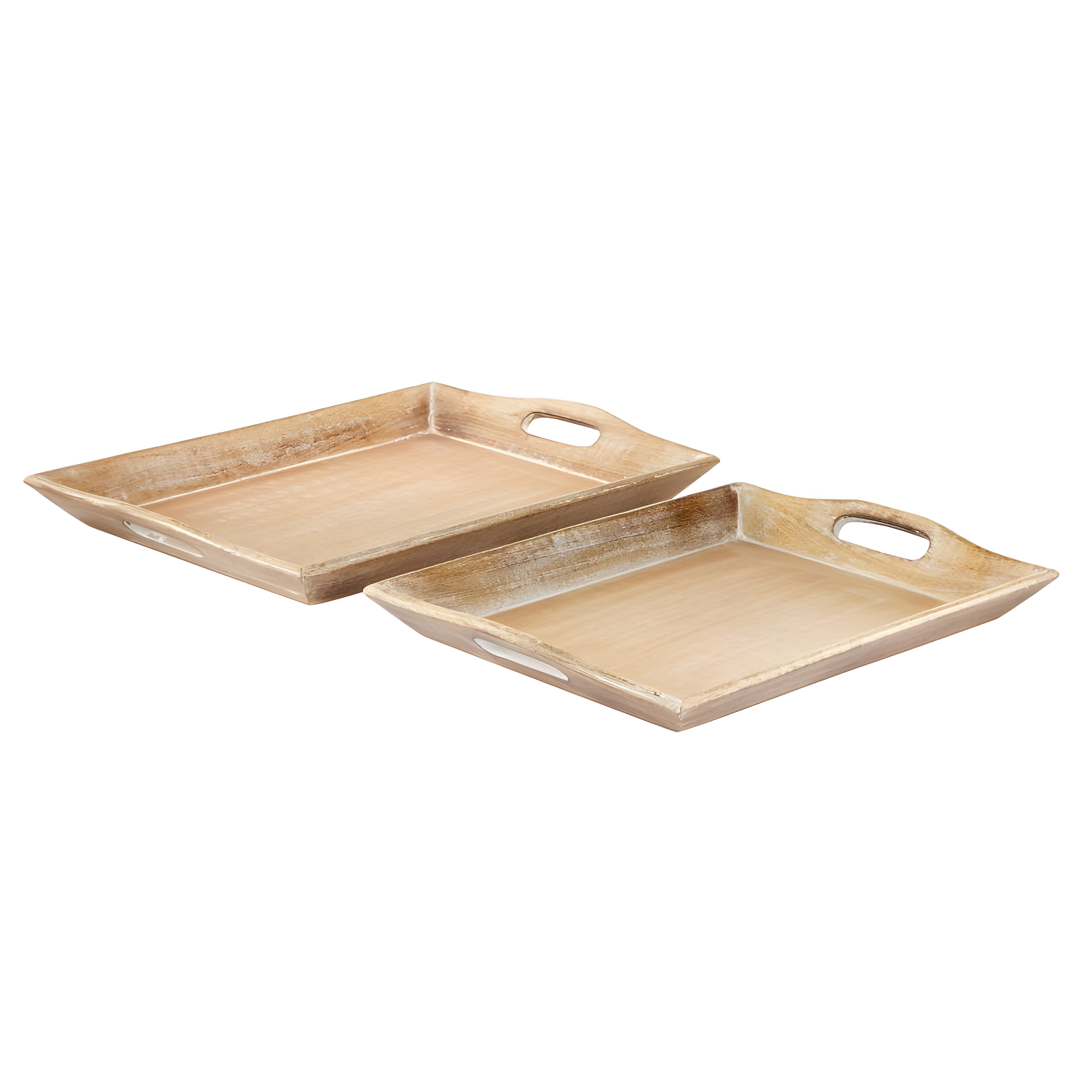 Olivia & May Set of 2 Traditional Whitewashed Natural Mango Wood Serving Trays Brown: Ottoman Style, with Handles