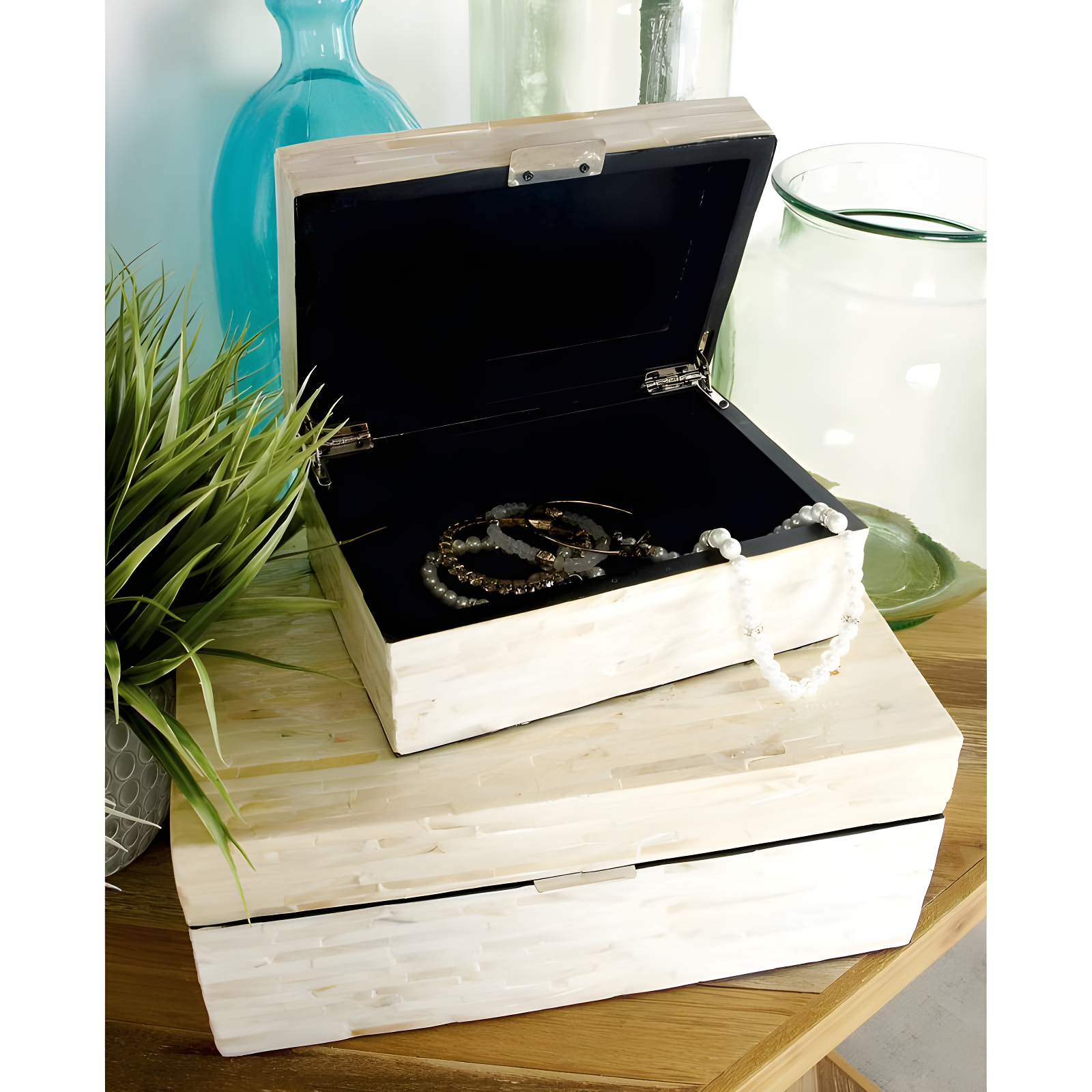 Set of 2 Mother of Pearl Wooden Boxes Light Cream - Olivia & May