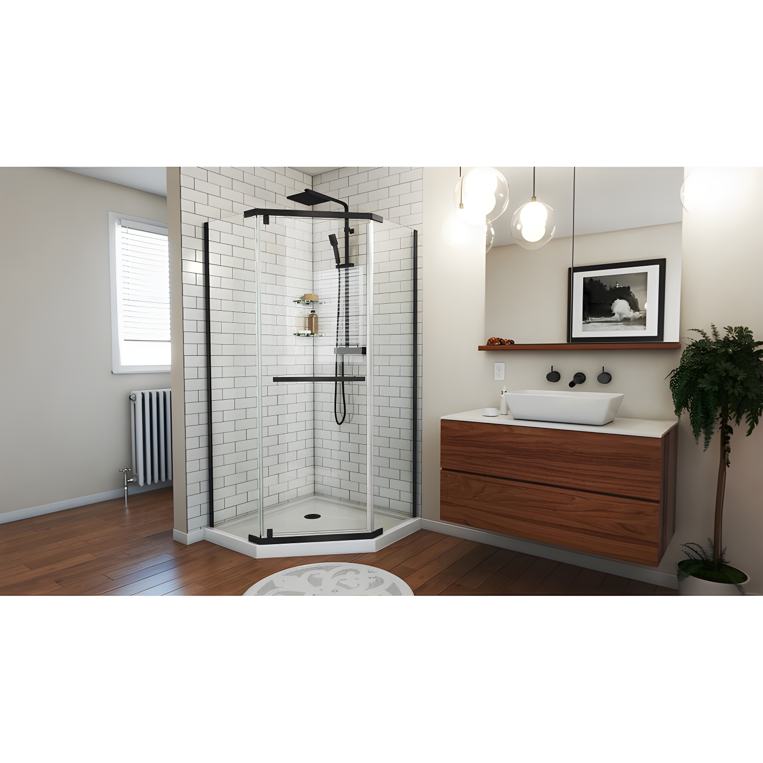 Prism 40" W x 40" D x 74.75" H Frameless Neo-Angle Reversible Shower Kit with Towel Bar and Base Included