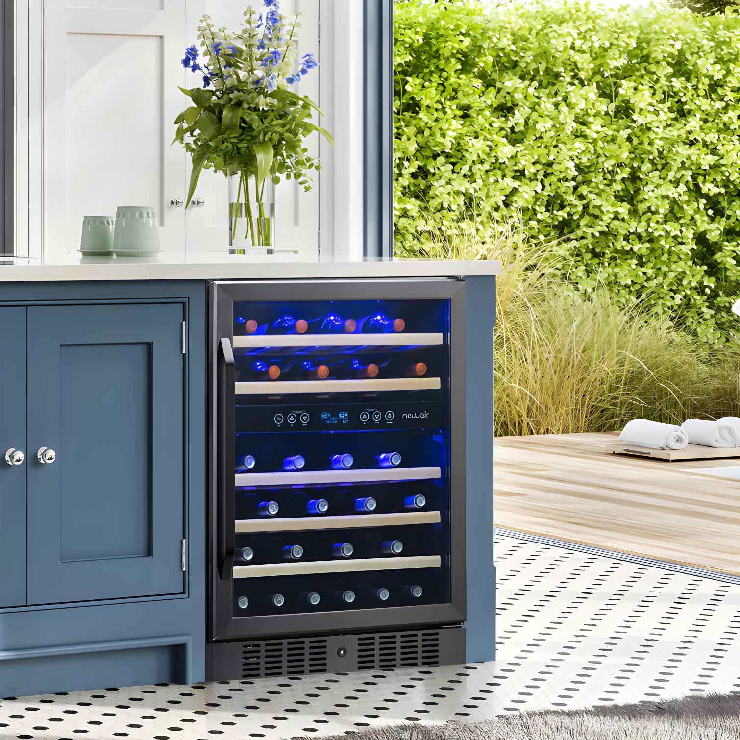 Newair 24” Built-in 46 Bottle Dual Zone Wine Cooler with Removable Beechwood Shelves in Black Stainless Steel