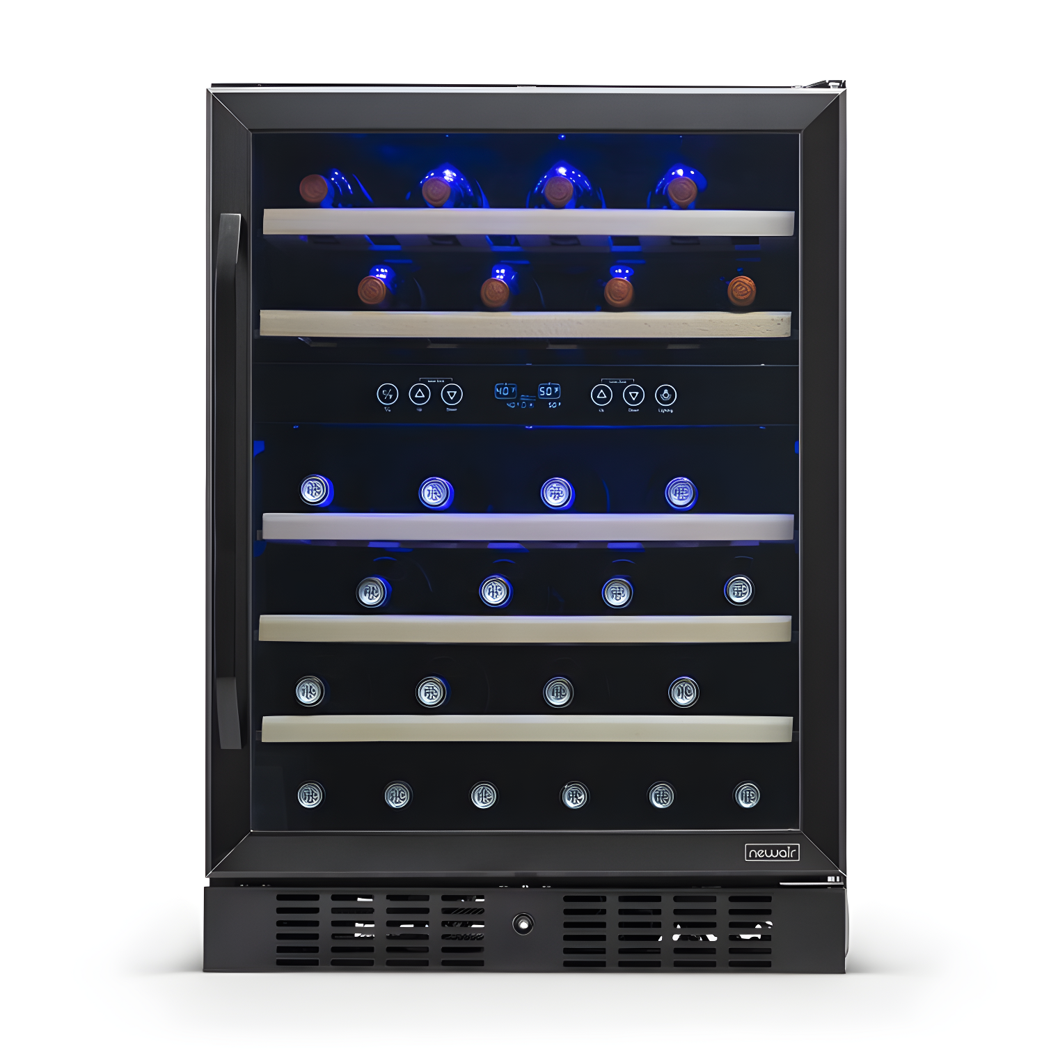 Newair 24” Built-in 46 Bottle Dual Zone Wine Cooler with Removable Beechwood Shelves in Black Stainless Steel