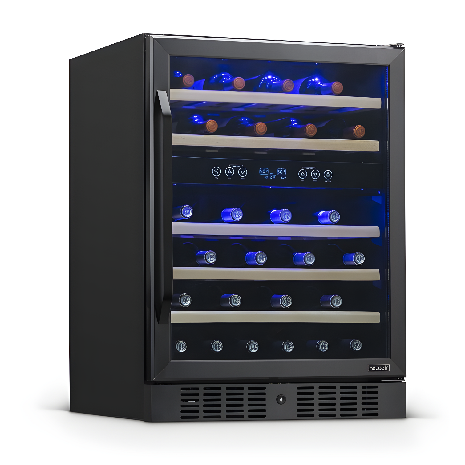 Newair 24” Built-in 46 Bottle Dual Zone Wine Cooler with Removable Beechwood Shelves in Black Stainless Steel