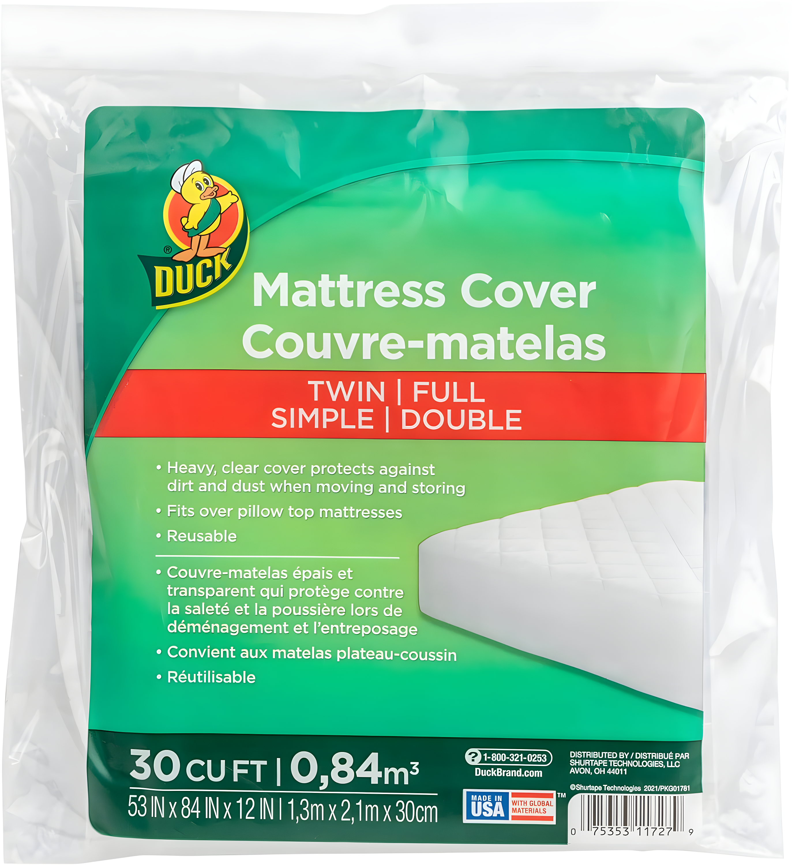 Duck Twin/Full Mattress Cover, 53 in x 84 in x 12 in, Clear