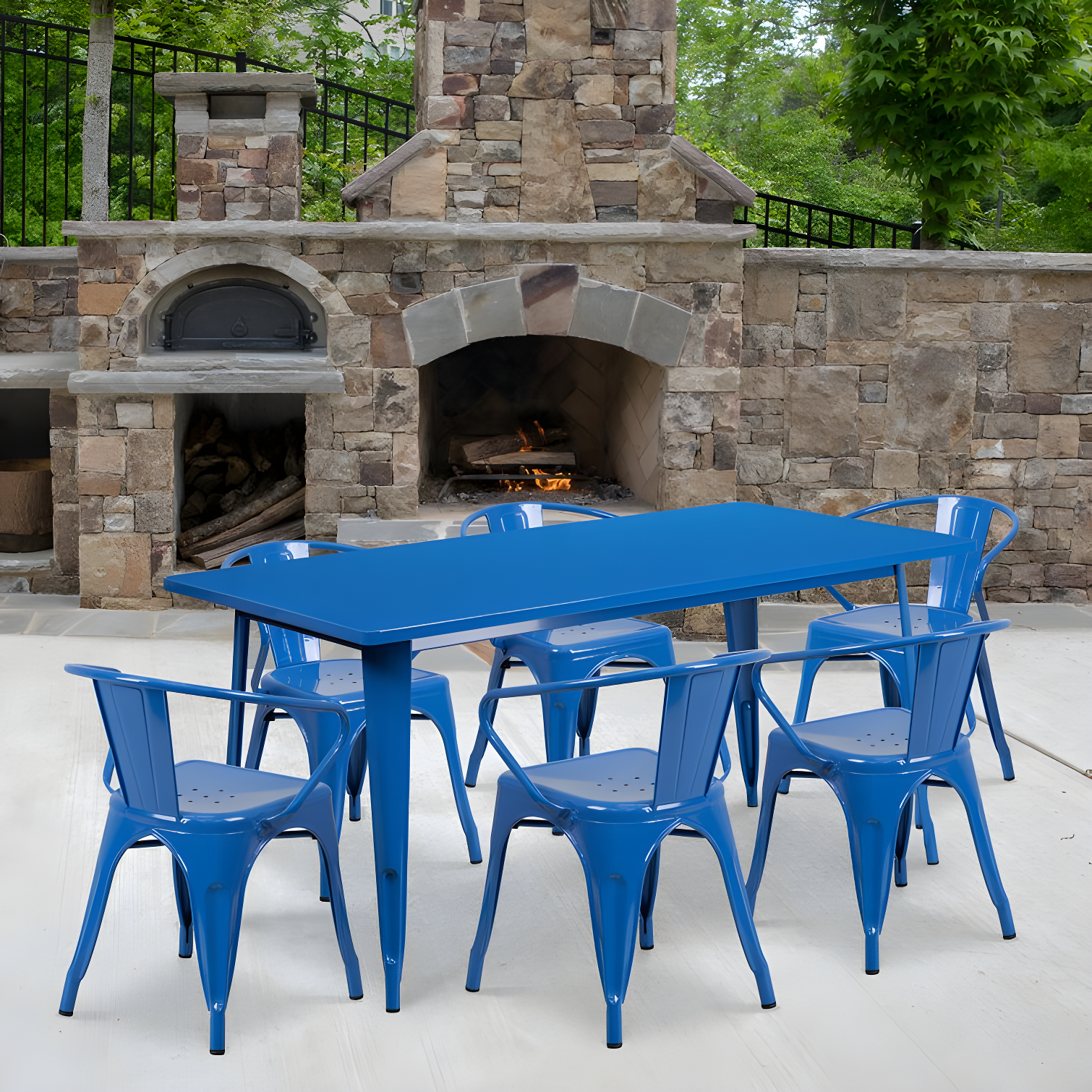 Benny Commercial Grade 31.5" x 63" Rectangular Metal Indoor-Outdoor Table Set with 6 Arm Chairs