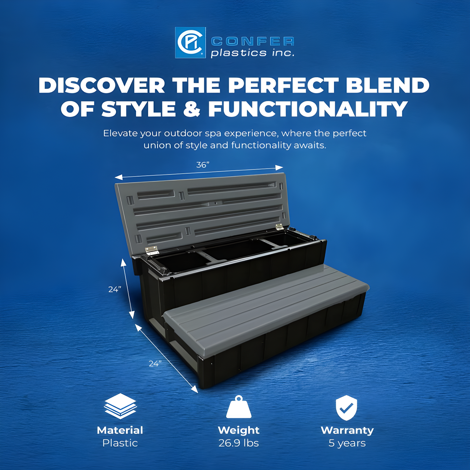 Confer Plastics Leisure Accents Durable Multi-Functional Outdoor Spa and Hot Tub Storage Step with Removable Compartment, Deep Gray