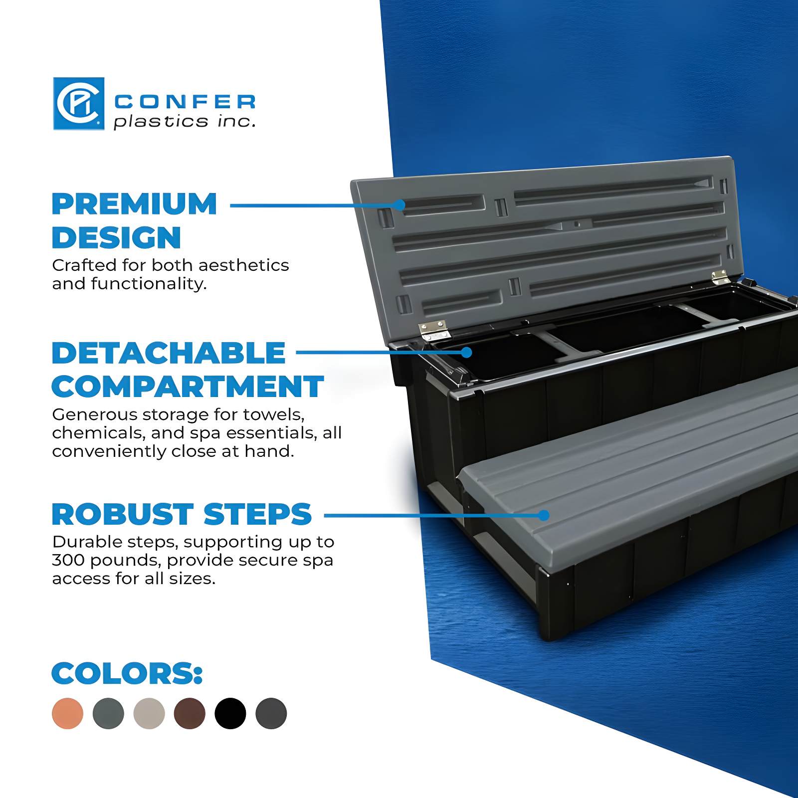 Confer Plastics Leisure Accents Durable Multi-Functional Outdoor Spa and Hot Tub Storage Step with Removable Compartment, Deep Gray