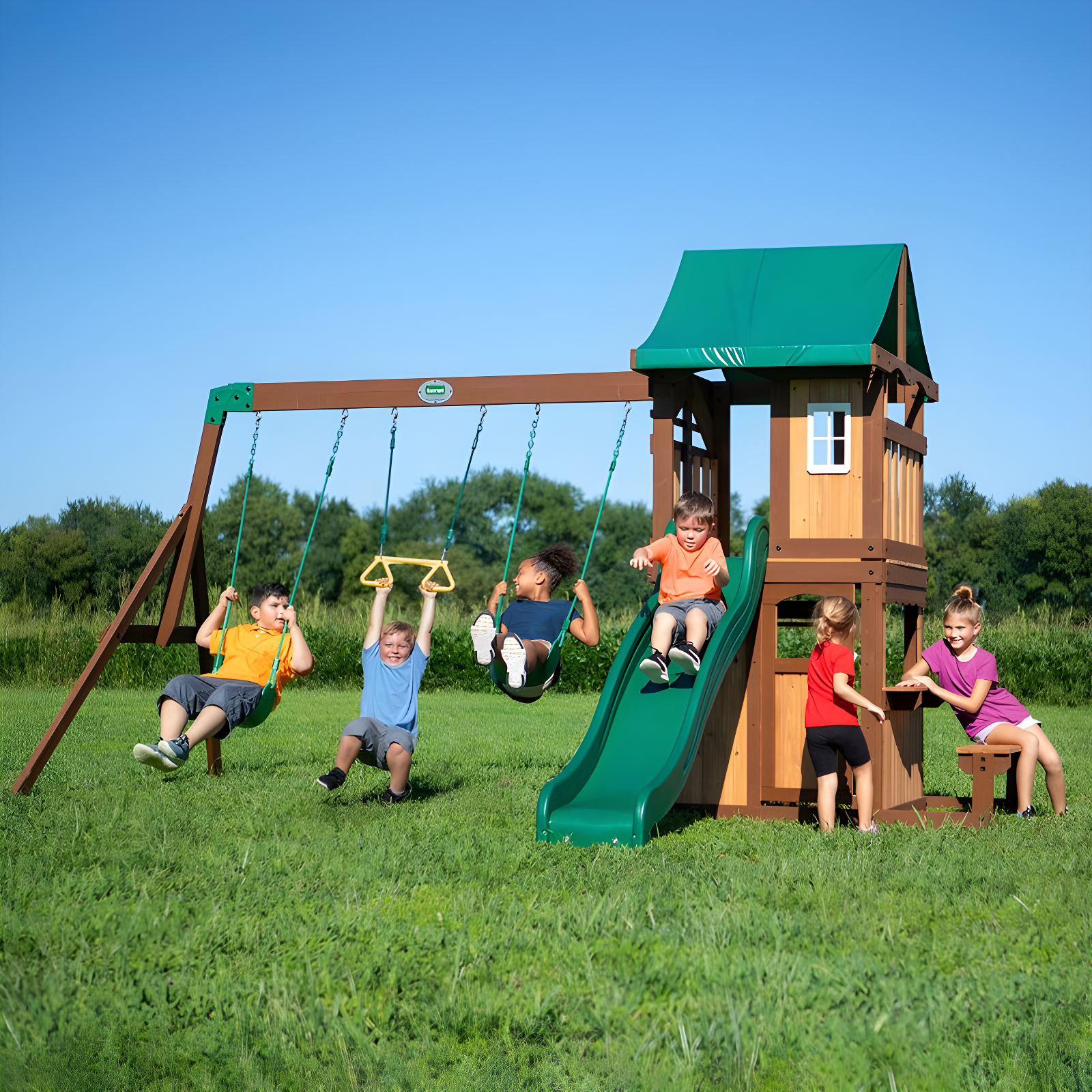 Backyard Discovery Backyard Discovery Lakewood Cedar Wood Swing Set with Wave Slide, Clubhouse, Playhouse, and Snack Bar Window