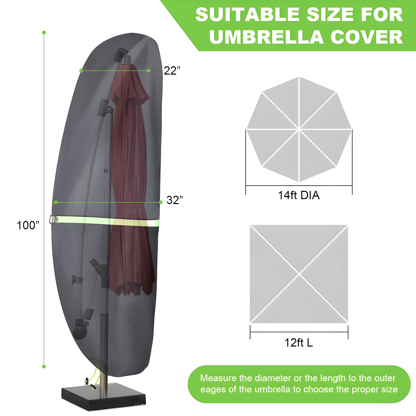 Cantilever Patio Umbrella Cover With Push Rod/ Waterproof Patio Parasol Covers With Zipper For 9Ft To 13Ft Offset Outdoor Umbrellas,(Black)