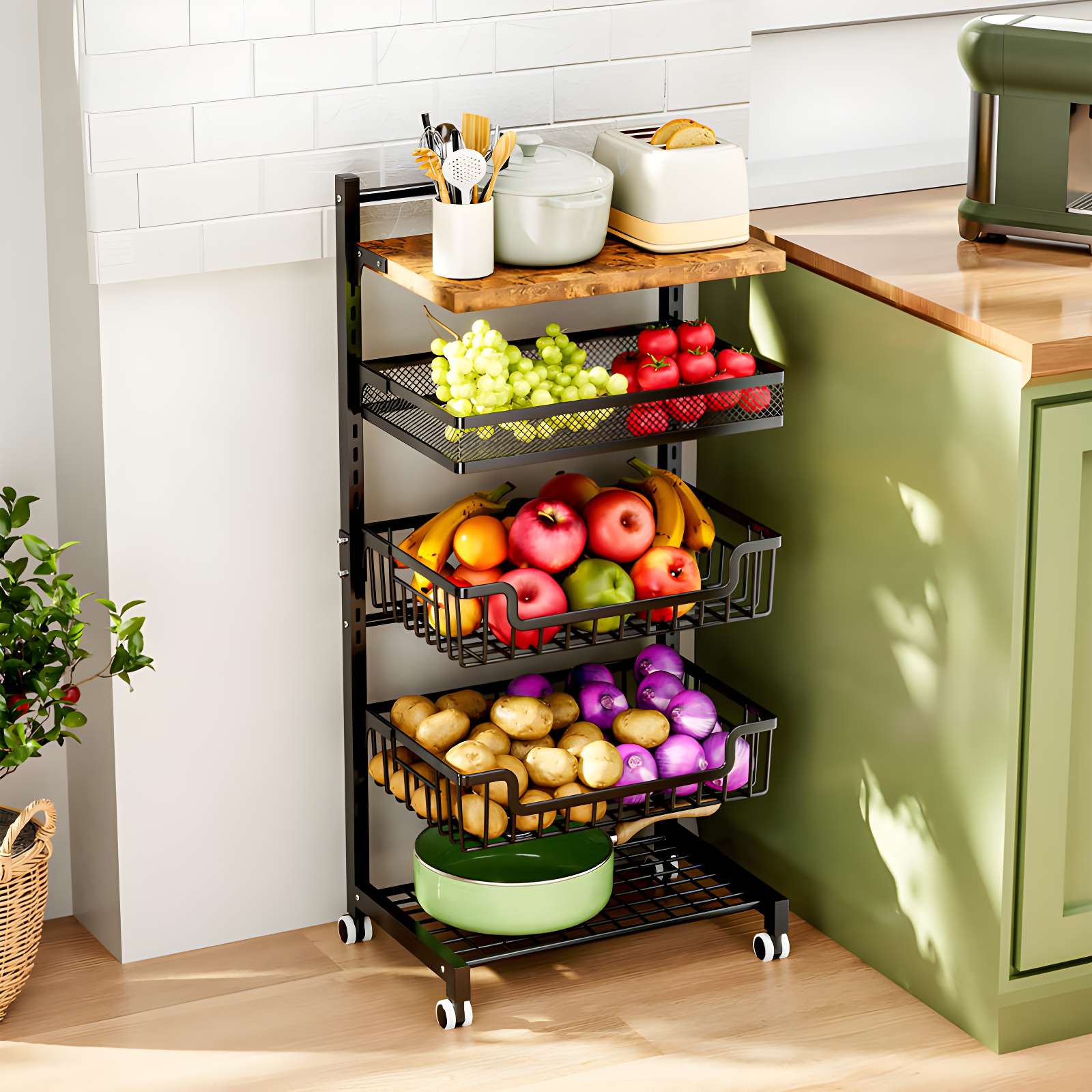 Fruit Basket Kitchen Cart/5 Tier Adjustable Vegetable Basket Storage Cart Standing Floor, Snack Cart With Wheels, Wooden Top Table Fruit Rack Holders Organizers For Onions And Potatoes Bread