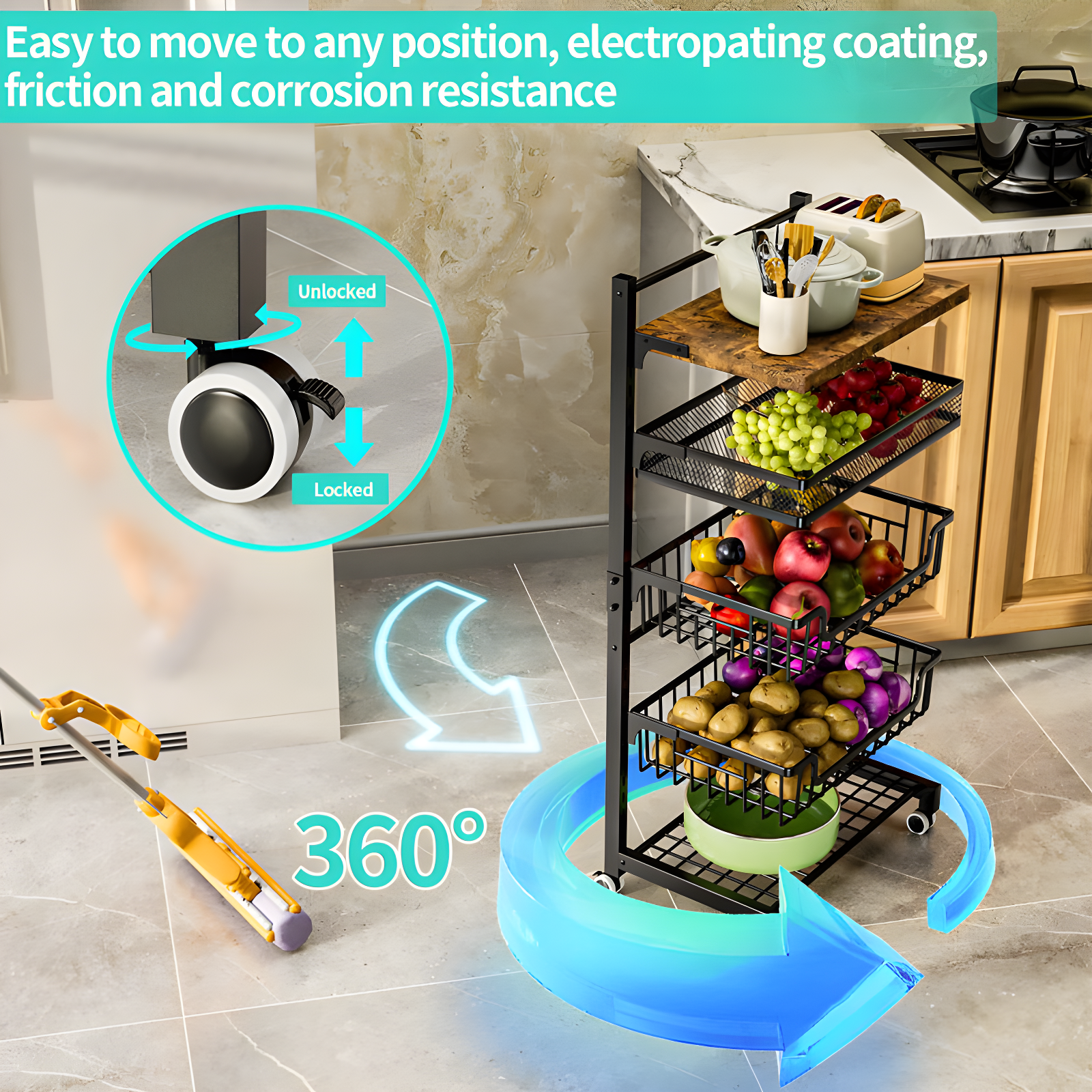 Fruit Basket Kitchen Cart/5 Tier Adjustable Vegetable Basket Storage Cart Standing Floor, Snack Cart With Wheels, Wooden Top Table Fruit Rack Holders Organizers For Onions And Potatoes Bread