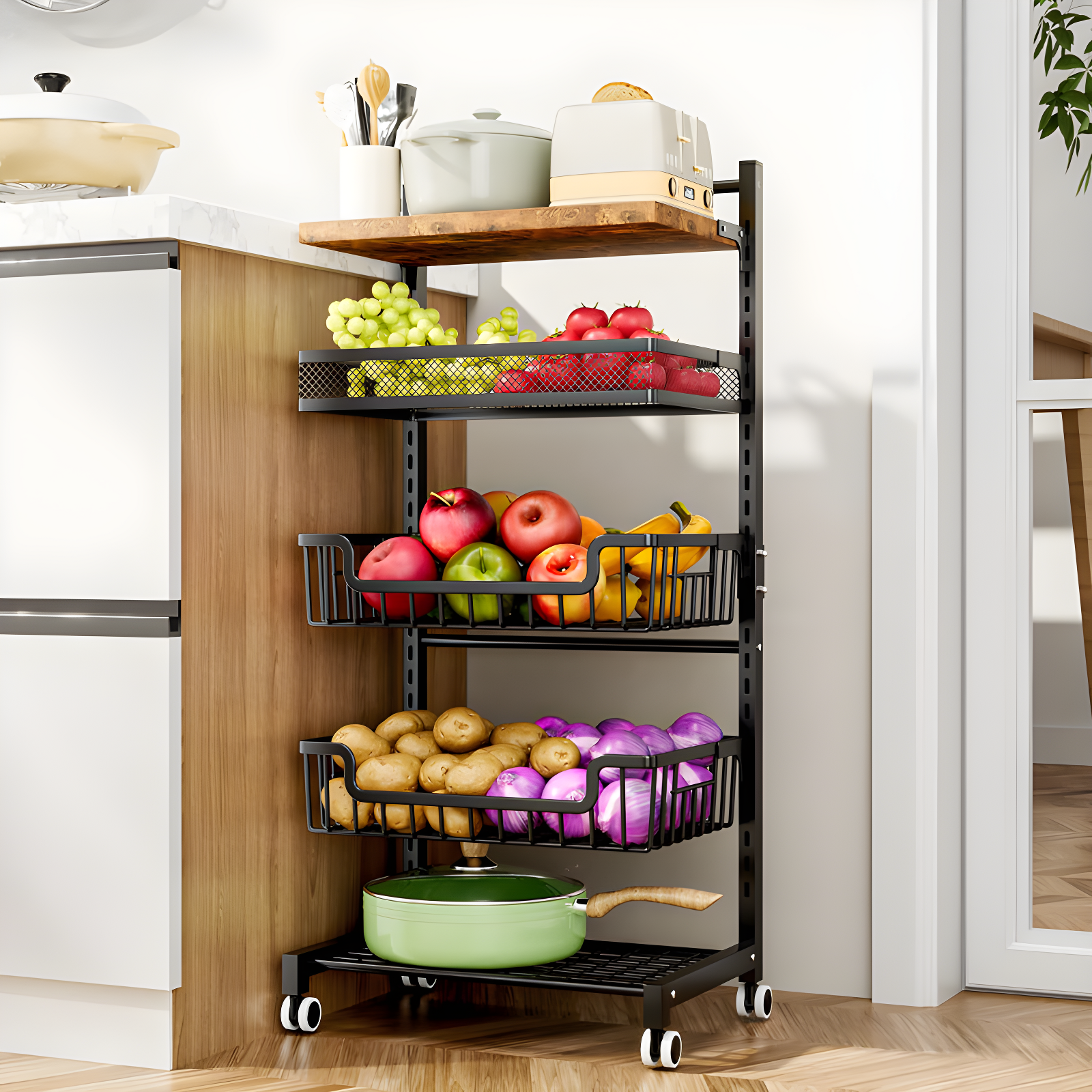 Fruit Basket Kitchen Cart/5 Tier Adjustable Vegetable Basket Storage Cart Standing Floor, Snack Cart With Wheels, Wooden Top Table Fruit Rack Holders Organizers For Onions And Potatoes Bread